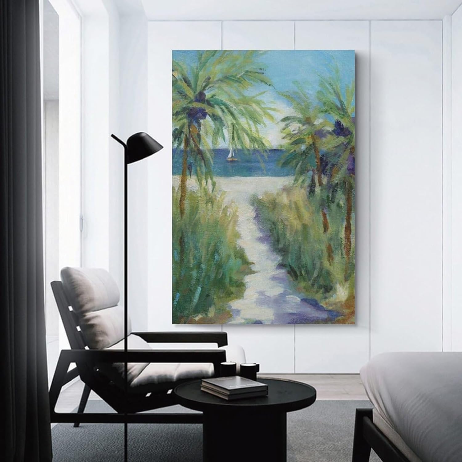 Póster de paisaje de camino a la playa con palmeras, decoración de baño, decoración de bar, pósteres de pared, lienzo, impresiones artísticas para