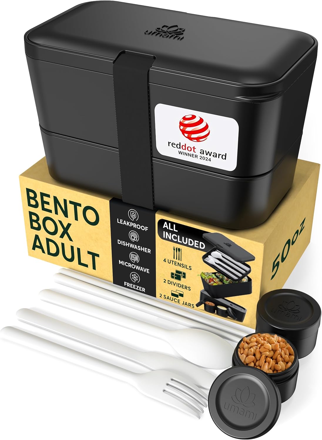 Umami Caja Bento para adultos con 4 utensilios, 2 divisores y 2 tarros de salsa, fácil de limpiar y 100% a prueba de fugas, apta para microondas y