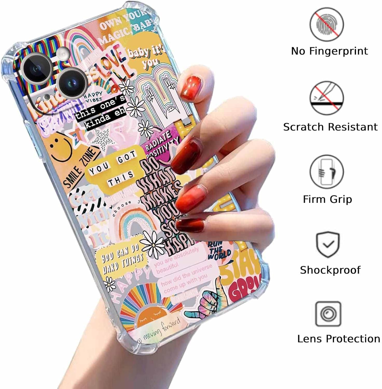 Funda con diseño de collage de citas positivas para iPhone 14 Plus, funda hippie de patrón estético indie para adolescentes y mujeres, funda única