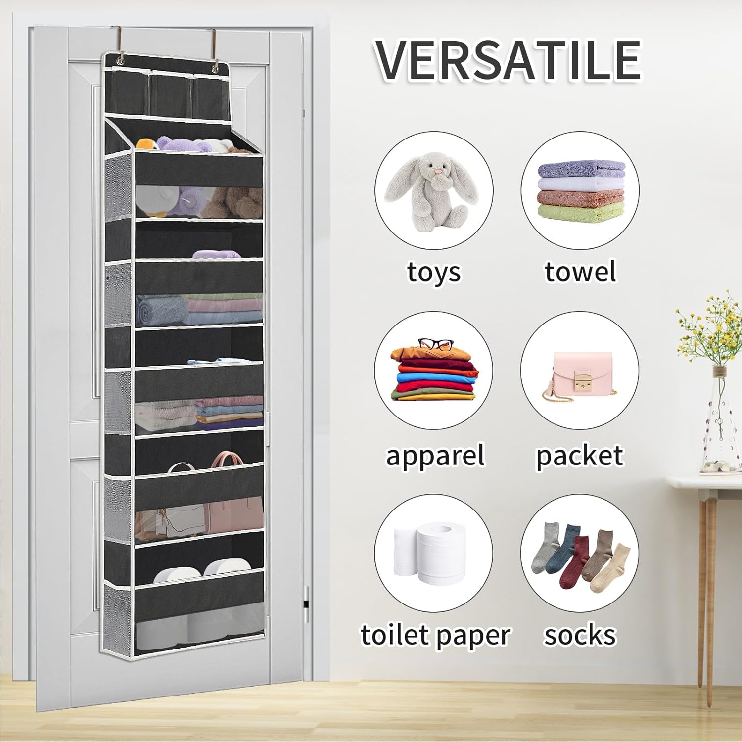 Organizador para colgar sobre la puerta, 5 estantes transparentes para colgar con 5 bolsillos grandes, 10 laterales de malla y 3 bolsillos de PVC,