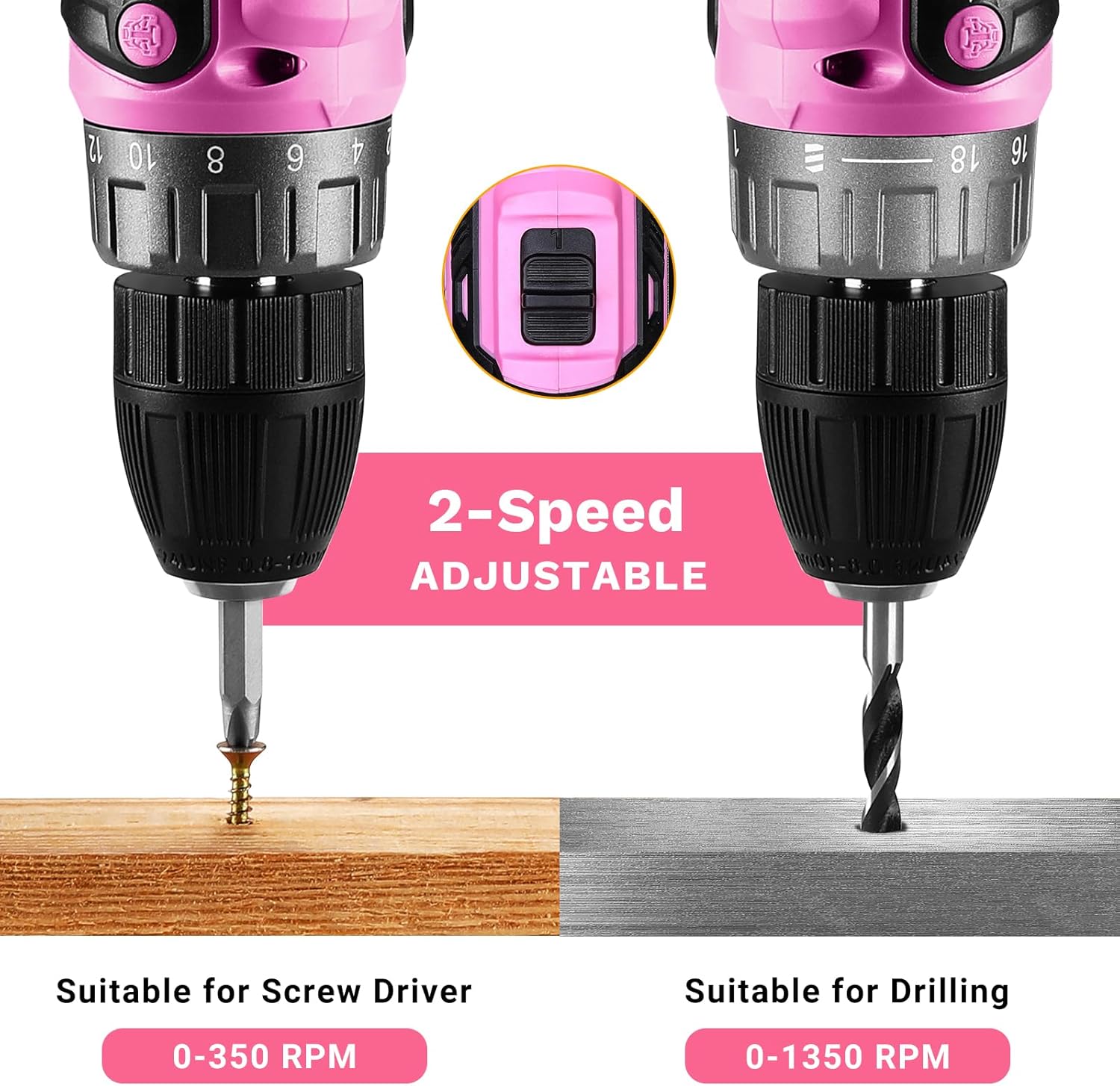 Taladro eléctrico inalámbrico DEKO PRO – Taladro inalámbrico rosa de 20 V, herramienta para mujeres, taladros inalámbricos con batería y cargador,