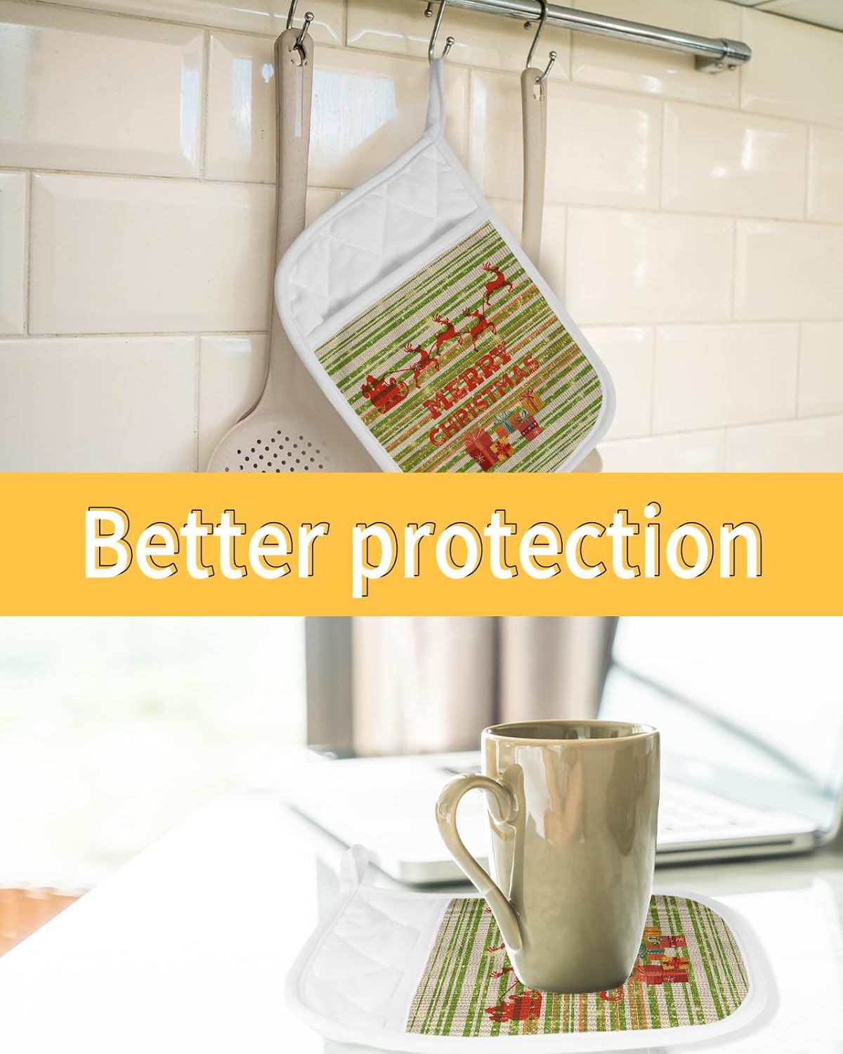 Christmas 2Pcs Pot Holders for Kitchen,Non Slip & Heat Insulation Terry Cloth Potholder Set with Pocket,Thick Hot Pad Oven Mitts Trivet Coaster for