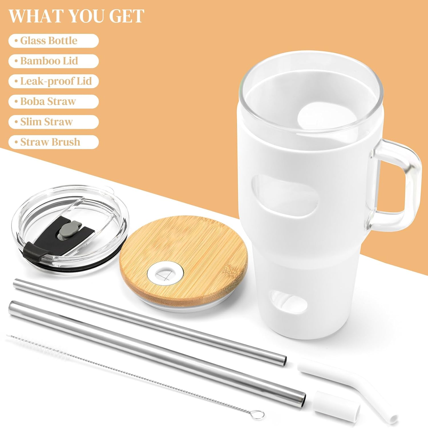 Vaso de vidrio de 32 onzas con popote y tapa, botella de agua de vidrio con asa, vaso de café helado con funda de silicona, regalos de Navidad para