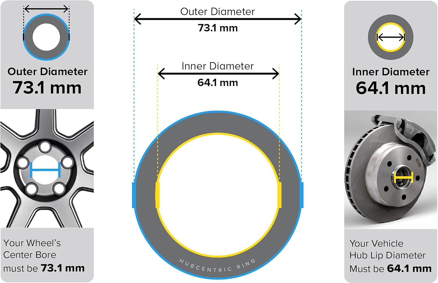 Anillos espaciadores centrales de 64.1 mm de DI a 73.1 mm de DE, anillos espaciadores de plástico de policarbonato negro, solo compatible con Honda