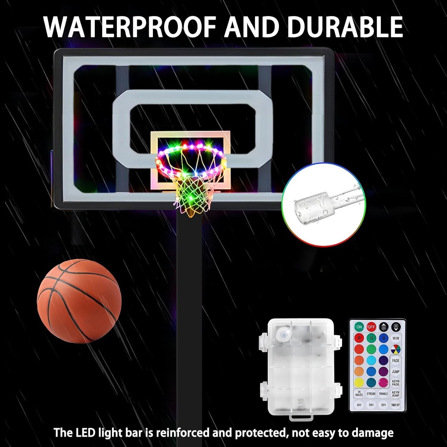 Luz LED de aro de baloncesto con control remoto para borde de baloncesto, luz LED, 17 colores, impermeable, para jugar al aire libre por la noche,