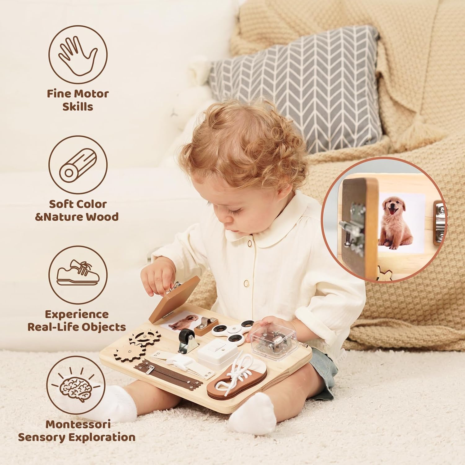 Tablero de actividades para niños pequeños – Juguetes Montessori para 1, 2, 3, 4 años de edad, juguetes sensoriales de madera para niños autistas,