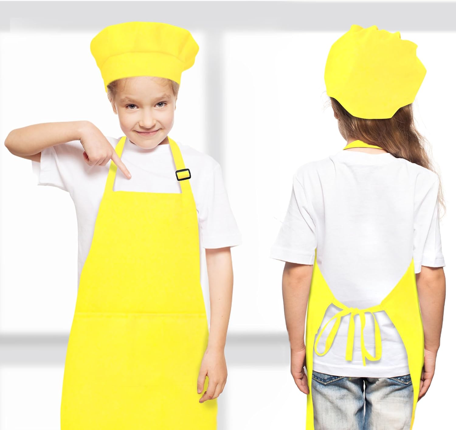 Kids Apron and Chef Hat Set Bulk Childrens Bib with 2 Pockets Adjustable for Boys Girl’s Cooking Baking Painting