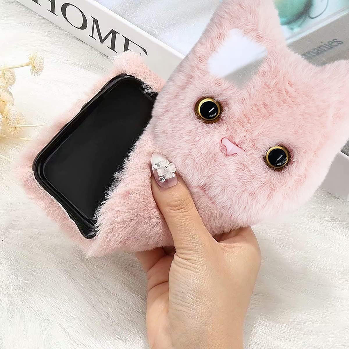 Funda de felpa de piel esponjosa para 12 minilindros de gatos peludos, funda protectora mullida de animales 3D, pelo de conejo sintético, juguete