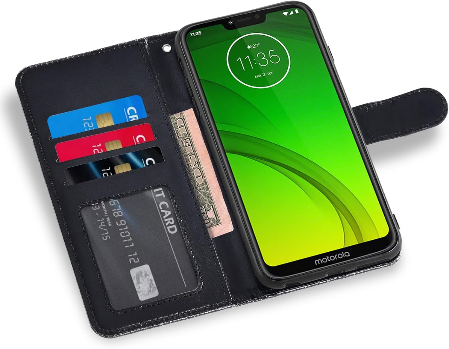 Asuwish Funda de teléfono para Moto G7 PowerMotoG7 SupraMoto7 Optimo Max con protector de pantalla y cartera con purpurina, ranura para tarjetero,