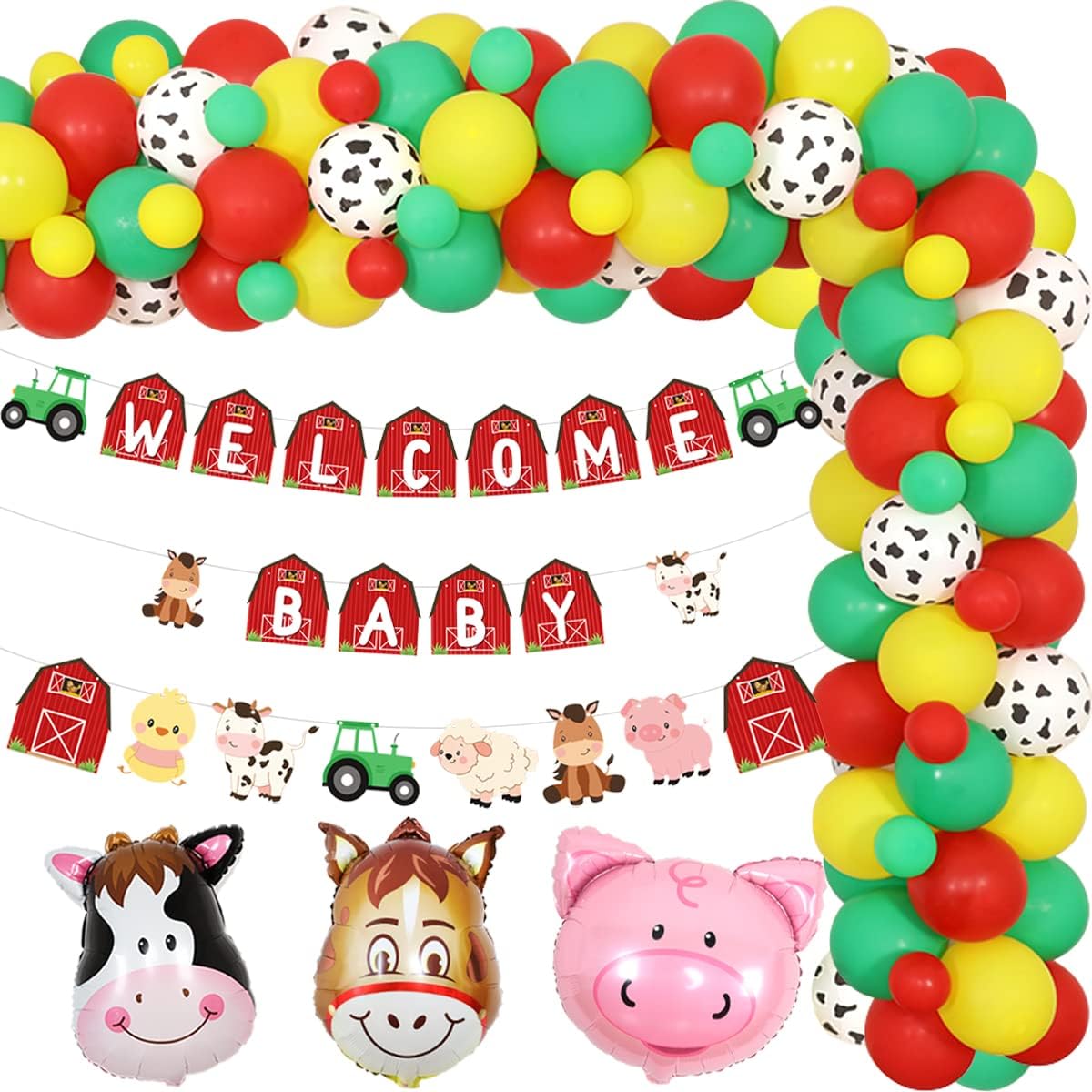 Decoraciones de baby shower de animales de granja para niños y niñas, guirnalda de globos rojos y amarillos, decoración de temática de granja,