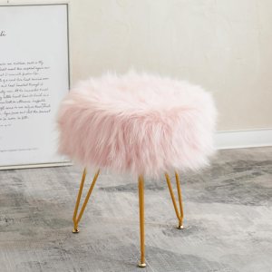 Taburete de tocador de piel sintética, taburete de maquillaje otomano peludo, taburete redondo tapizado con 4 patas de metal y pies ajustables para Taburete de tocador de piel sintética, taburete de maquillaje otomano peludo, taburete redondo tapizado con 4 patas de metal y pies ajustables para