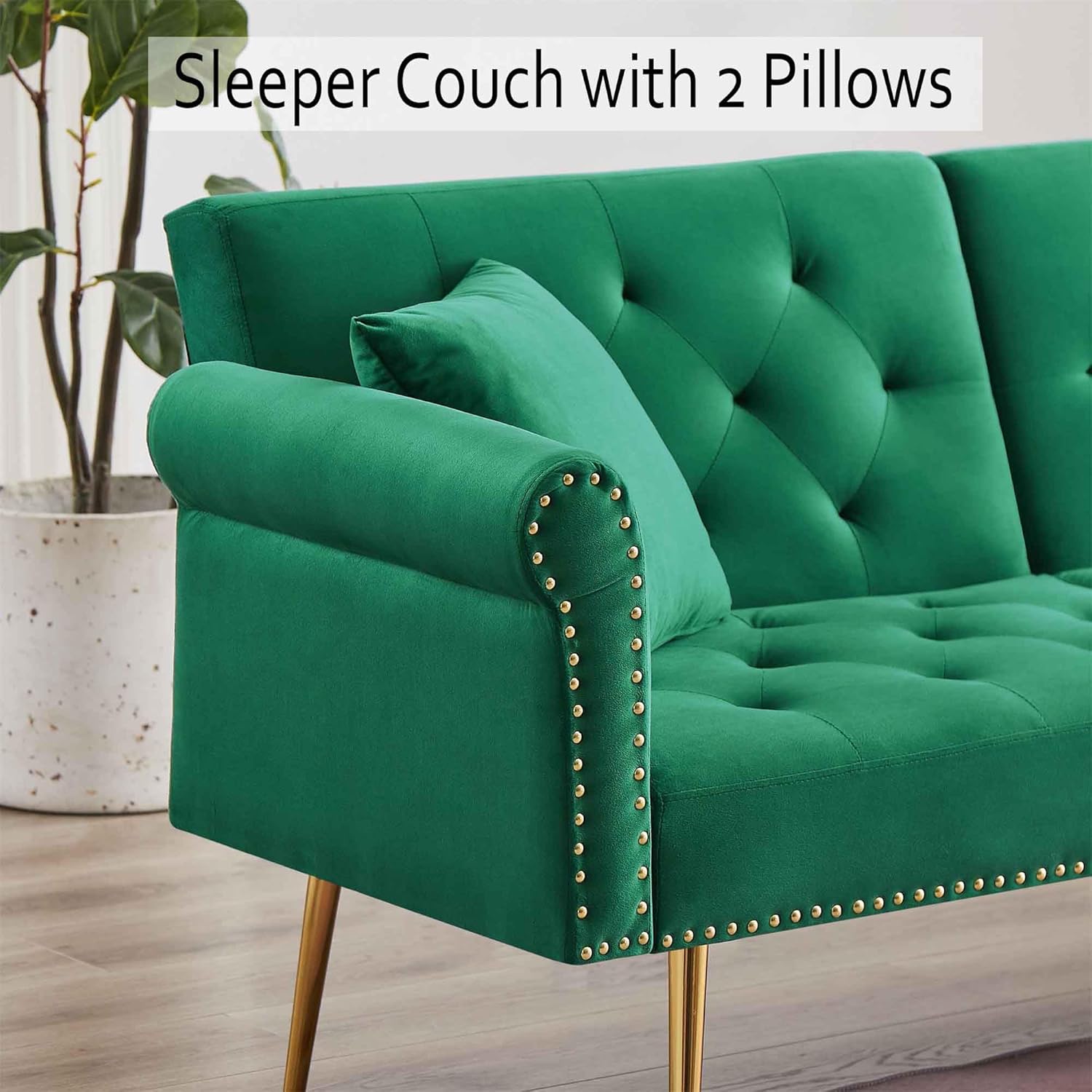 Sofá cama moderno de terciopelo 2 en 1 de 70 pulgadas, sofá cama convertible con piernasalmohadas, sofá biplaza tapizado plegable, asiento de espuma