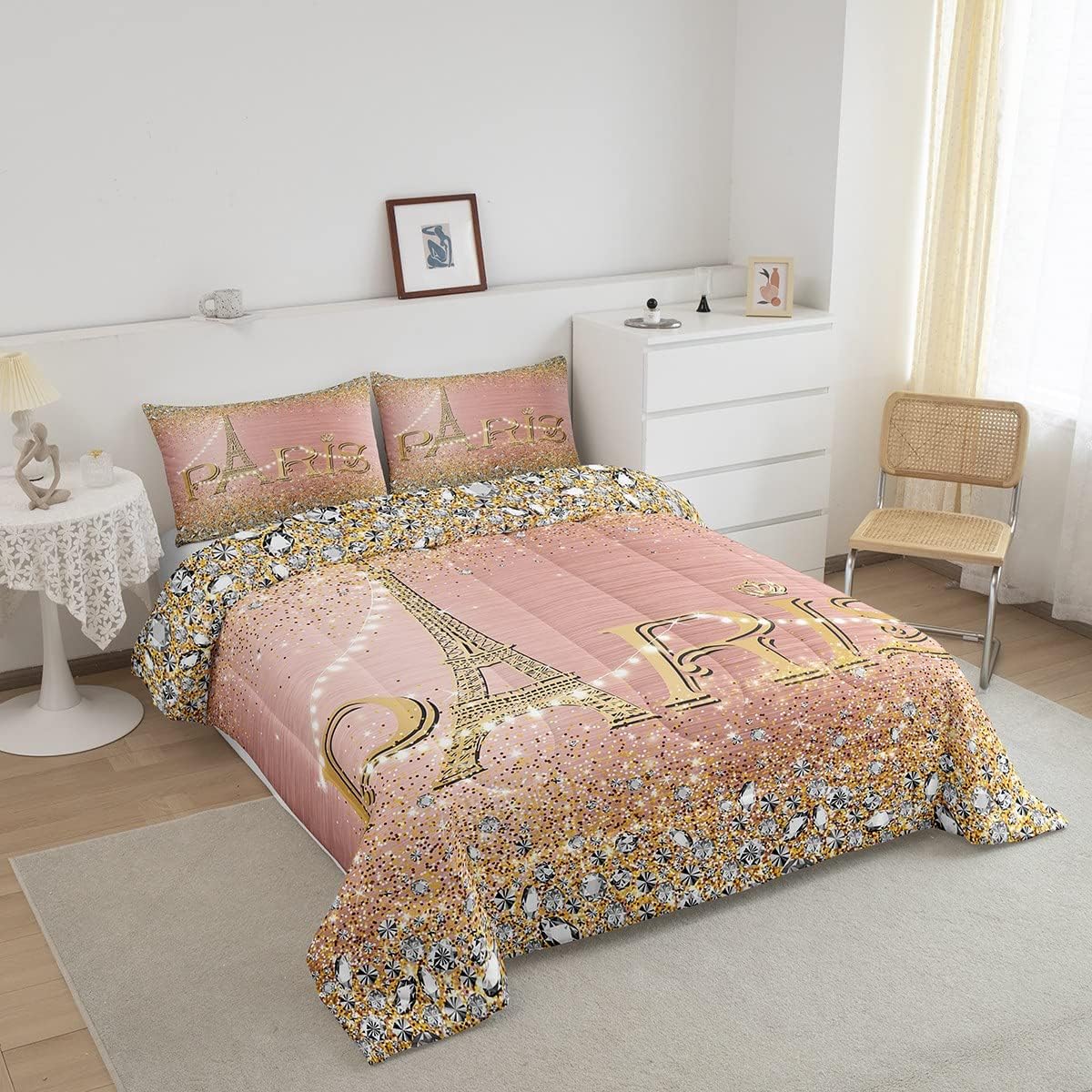 Juego de ropa de cama de tamaño matrimonial de la Torre Eiffel, romántico juego de ropa de cama de la torre de París para adolescentes y adultos,