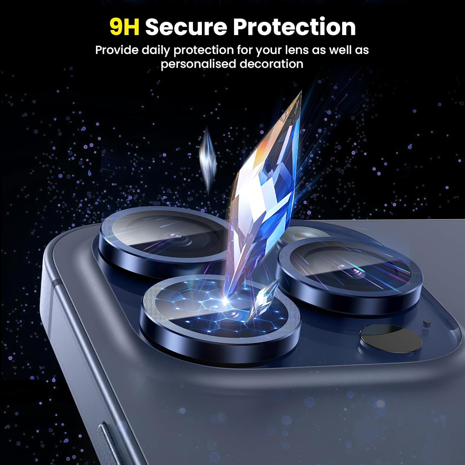 Tensea Protector de lente de cámara para iPhone 15 ProiPhone 15 Pro Max, protector de pantalla de vidrio templado 9H, anillo individual de metal