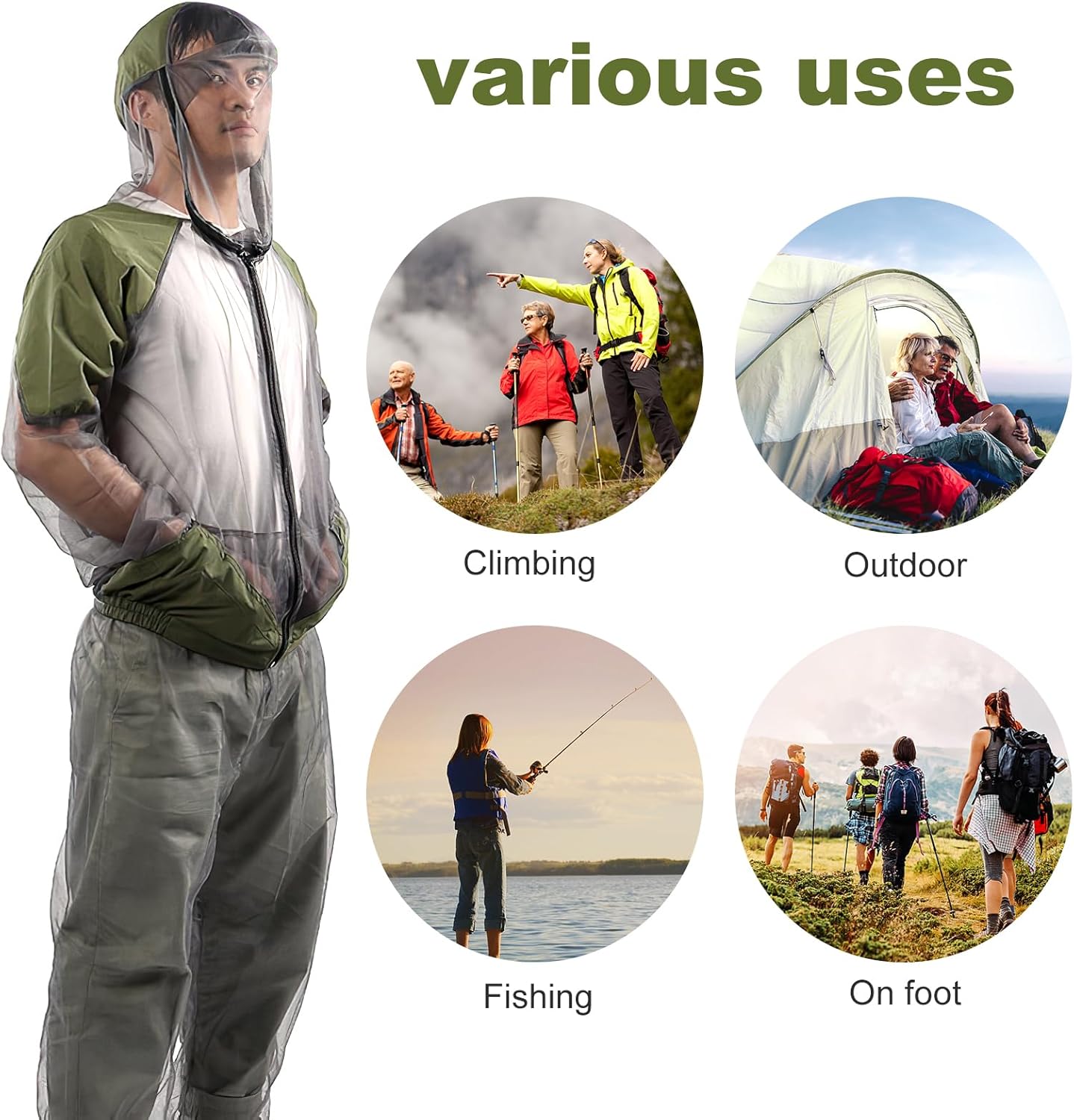 BESPORTBLE Traje de mosquito profesional para exteriores, 1 juego de chaqueta de malla transpirable con capucha y pantalones, protección de red para