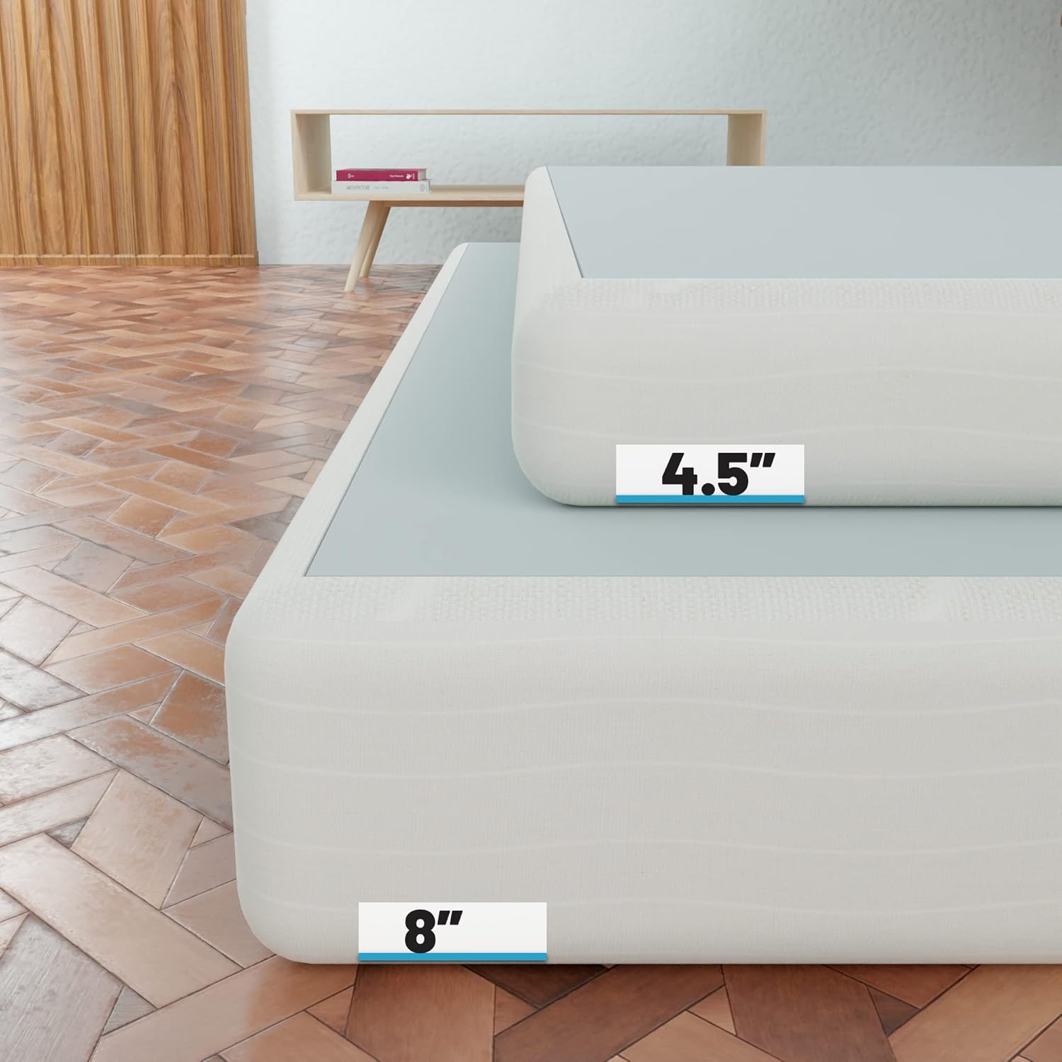 Base de somier doble de 4.5 pulgadas, fácil de montar, estructura de madera resistente y duradera para alivio de presión, sistema de soporte de