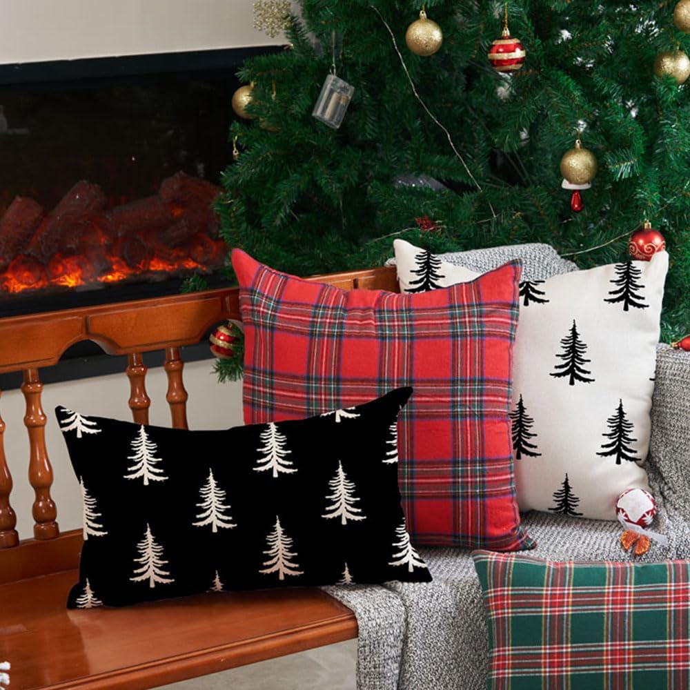 DFXSZ Fundas de almohada navideñas de 12 x 20 pulgadas, decoración de árbol de Navidad, color negro, decoración familiar de invierno para el sofá