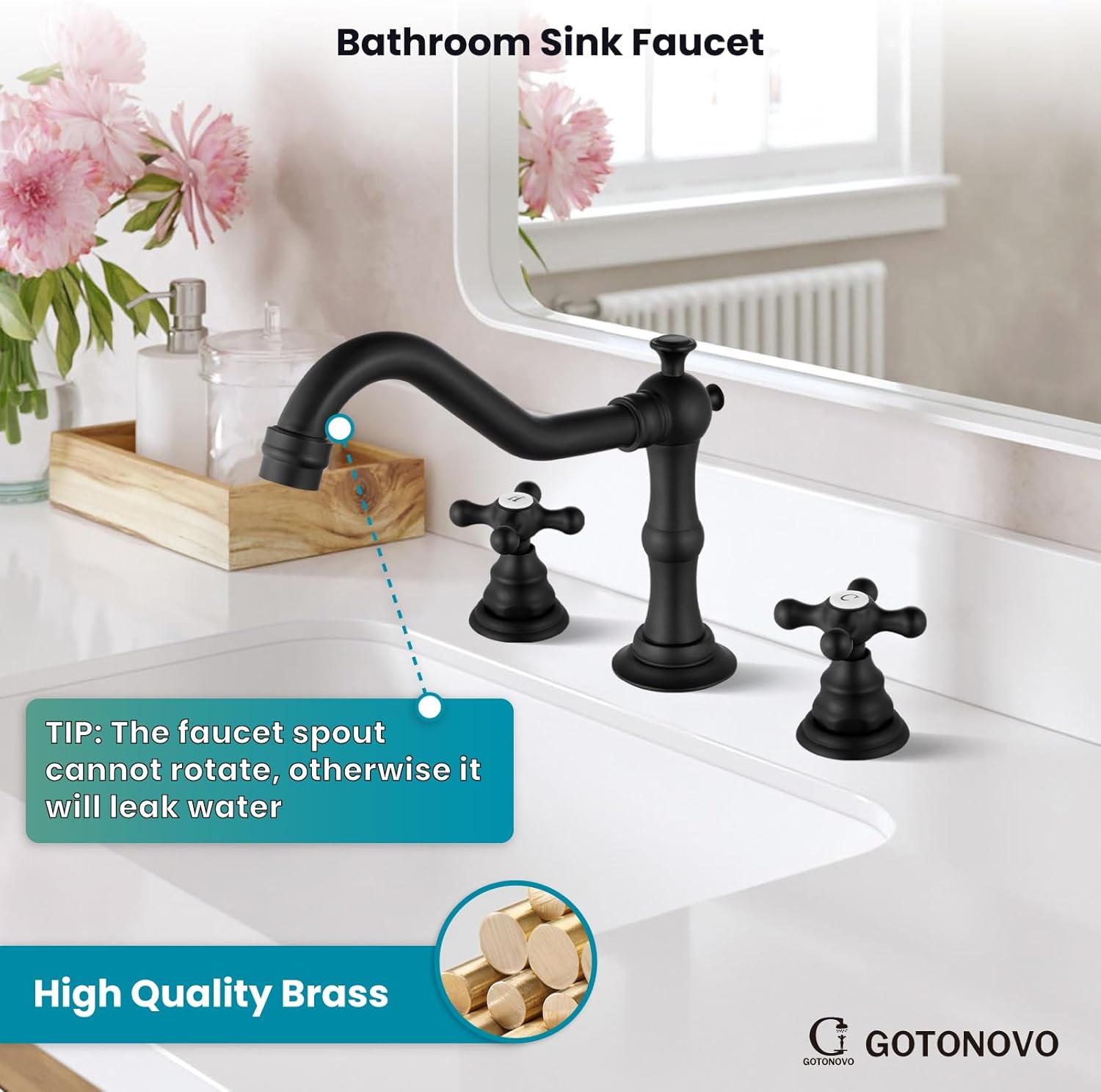 gotonovo Grifo de lavabo de baño negro mate de 3 agujeros con desagüe emergente de dos manijas extendidas de doble cruz pomos mezcladores montaje en