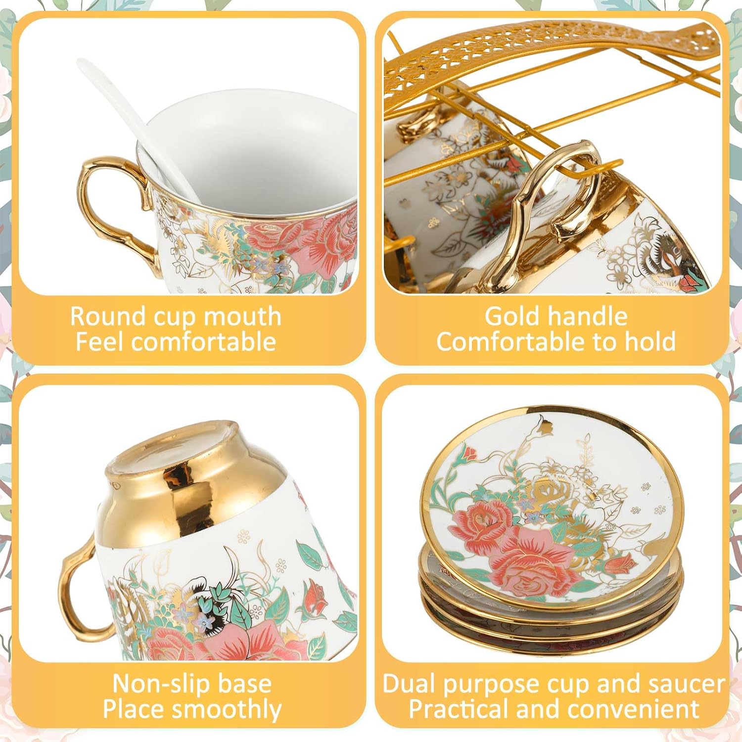 Juego de té de porcelana de Navidad para adultos, 22 piezas, regalo con soporte de metal, juego de té de cerámica europea, juego de té para adultos,