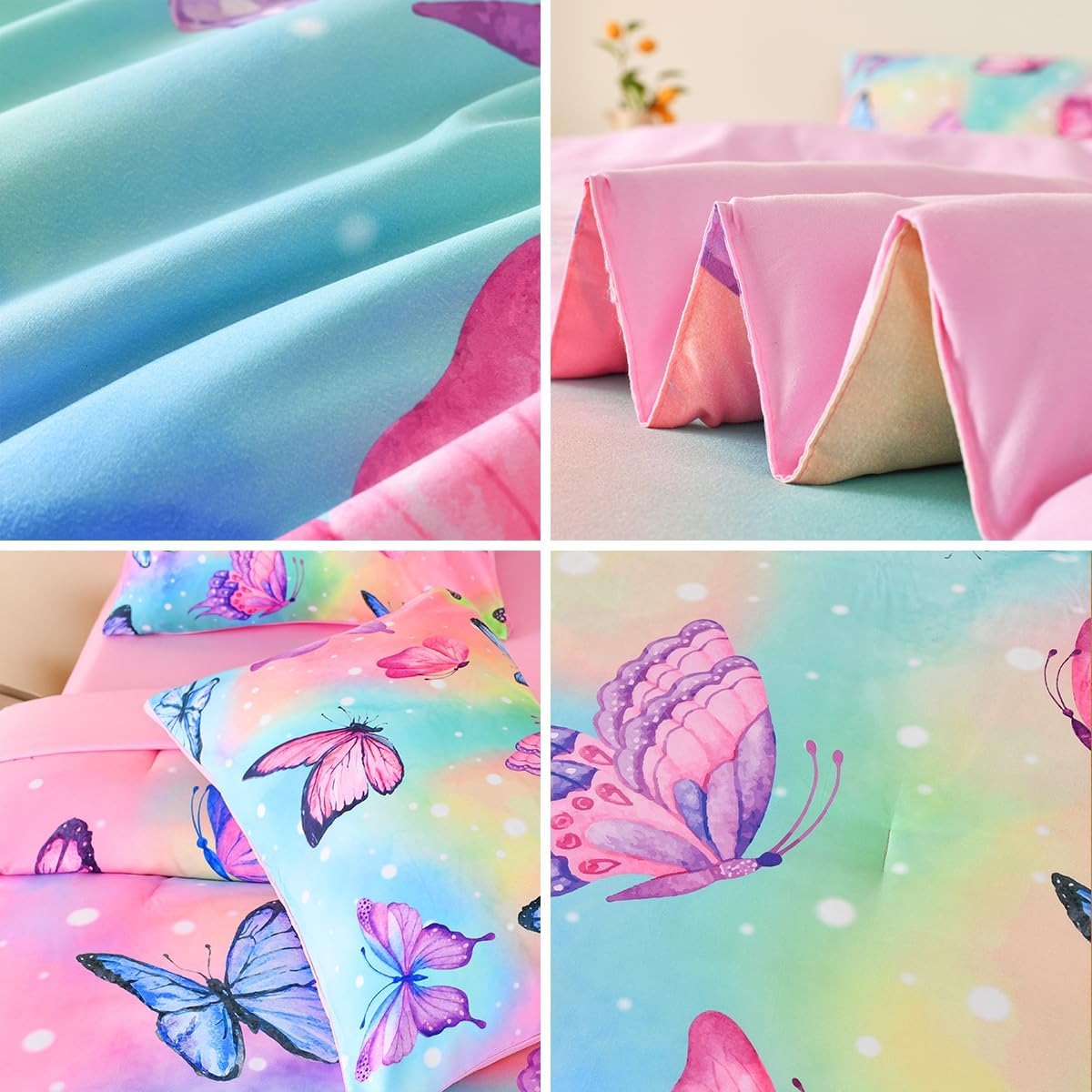 Tasselily Juego de ropa de cama de mariposa tamaño matrimonial, juego de edredón de mariposa rosa para niñas, niños y adolescentes, 6 piezas de cama