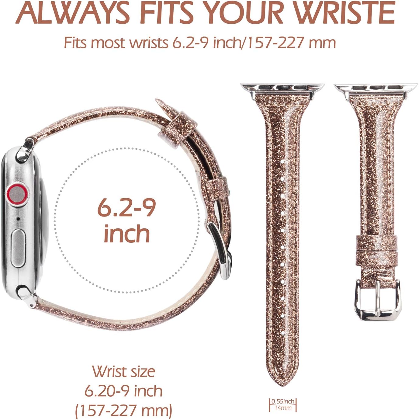 Wearlizer – Correa de repuesto de piel fina con purpurina compatible con correas de Apple Watch de 1.496in, 1.575in, 1.654in, 1.732in, para mujer,