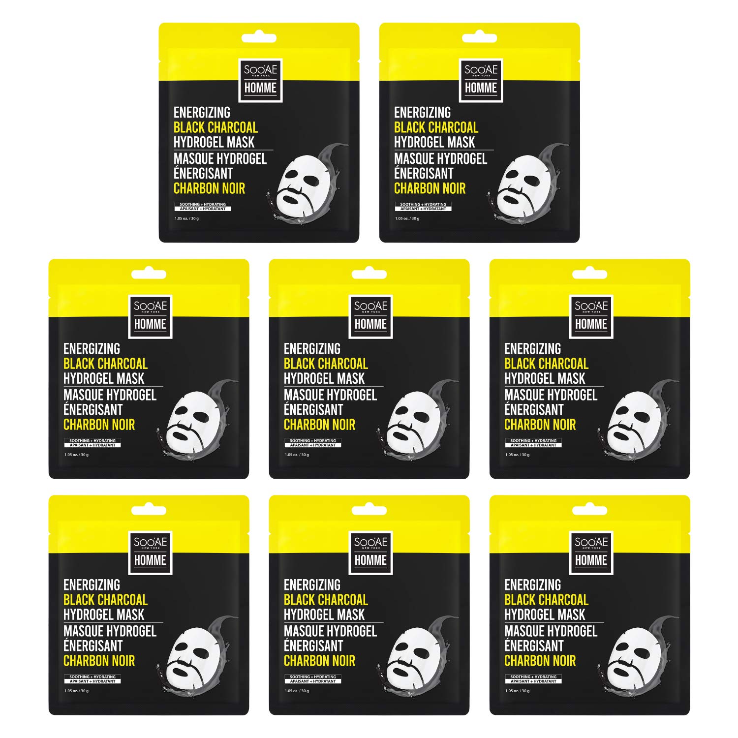 Soo’AE Homme – Máscara de hidrogel de carbón negro energizante 8 unidades Máscara facial para hombres con infusión de carbón y limón  Calmante e