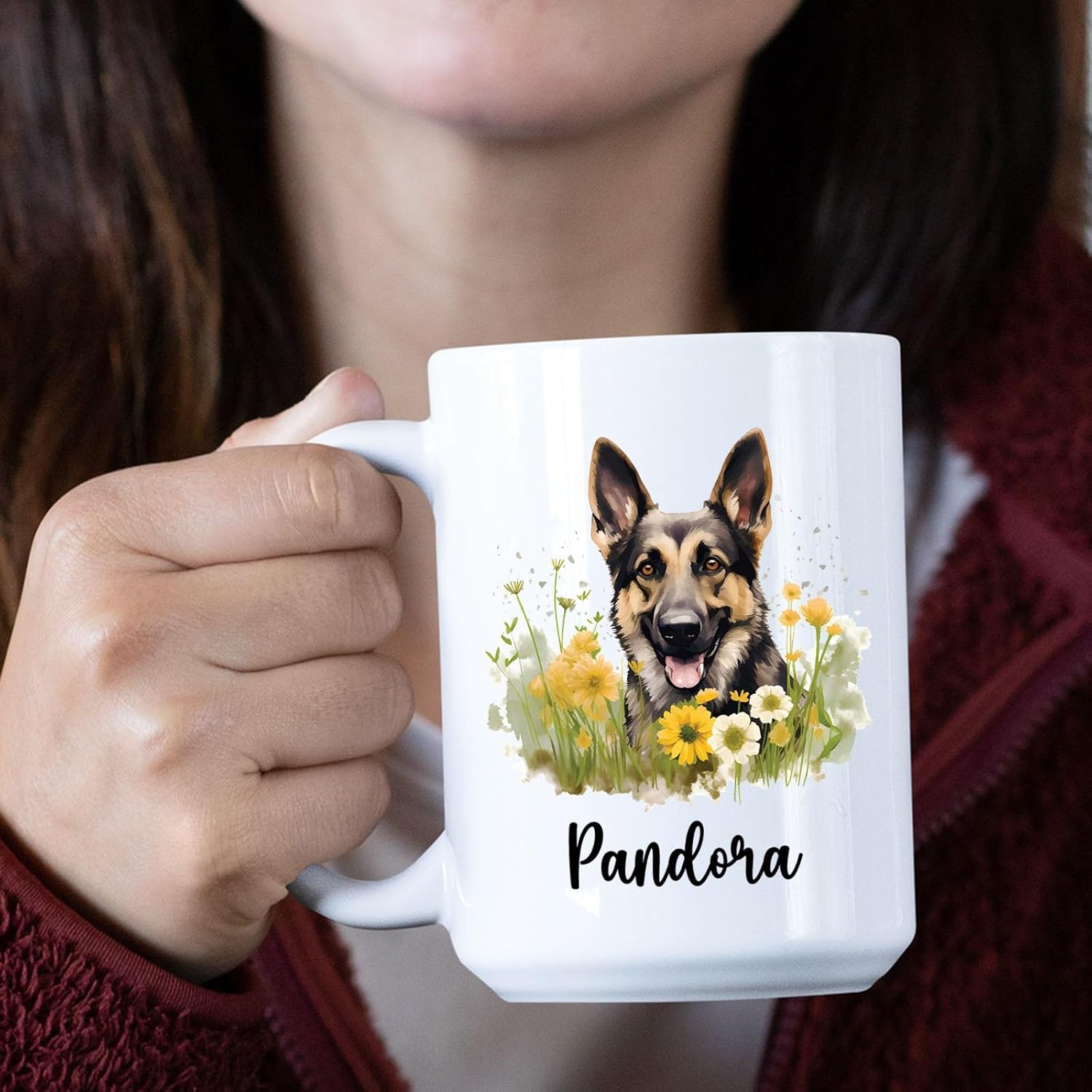 Taza de café de perro de pastor alemán con flores, tazas para mascotas, tazas para amantes de los perros, taza de cerámica personalizada con nombre,