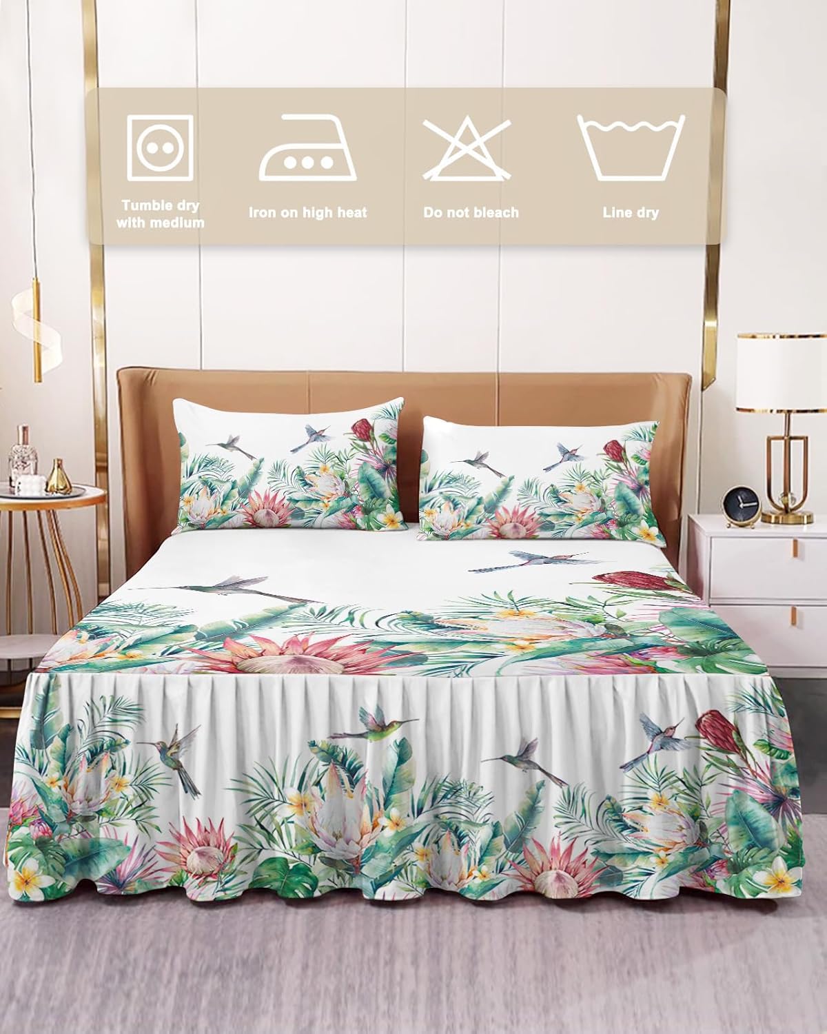 Faldas de cama plisadas tropicales envolventes para cama matrimonial de 54 x 75 pulgadas, sábana decorativa con volantes y falda de cama de 18