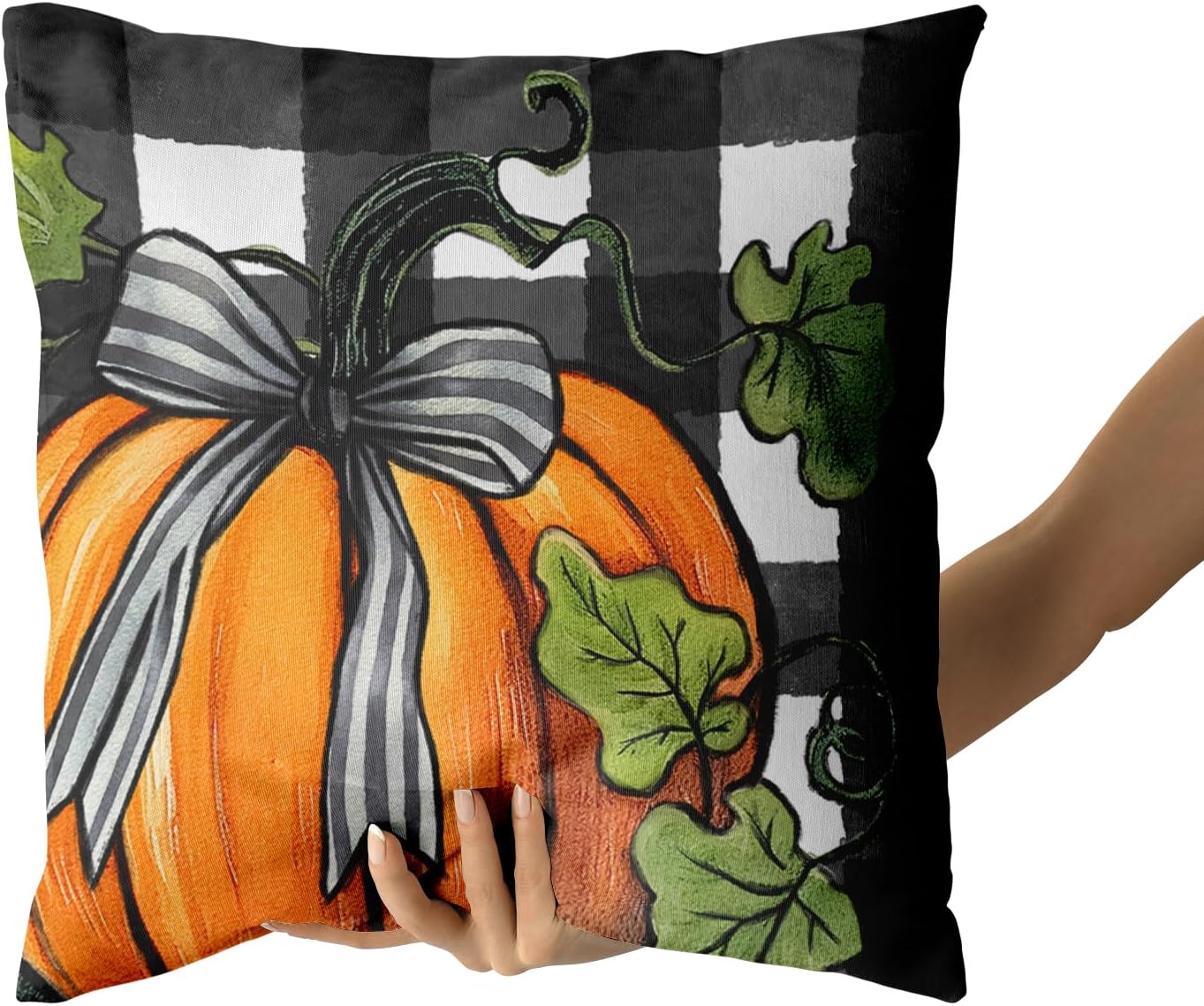 Juego de 2 fundas de almohada de otoño de 16 x 16 pulgadas, fundas de almohada decorativas de calabaza a cuadros negros y blancos, fundas de