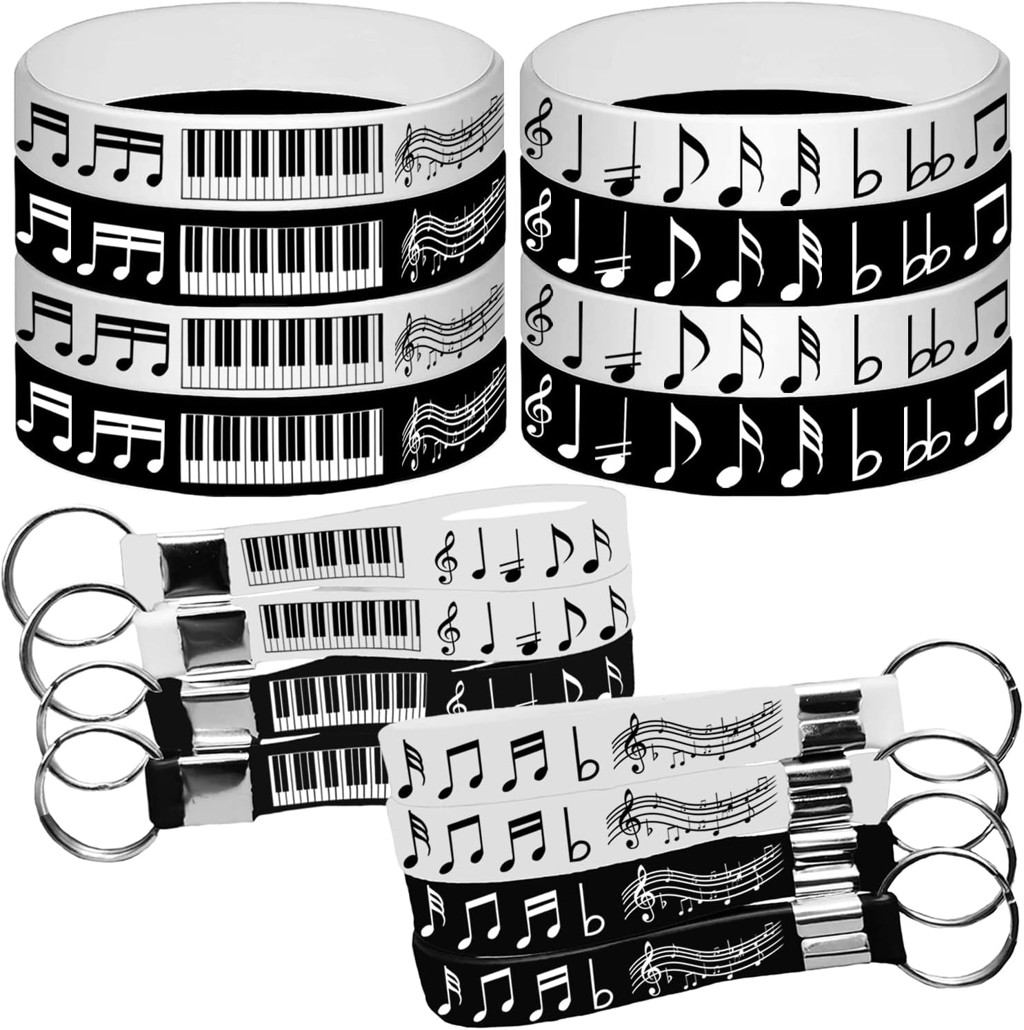 24 pulseras de goma con notas de piano, llaveros, notas de piano, suministros de fiesta temática, decoraciones de música, cumpleaños, baby shower,