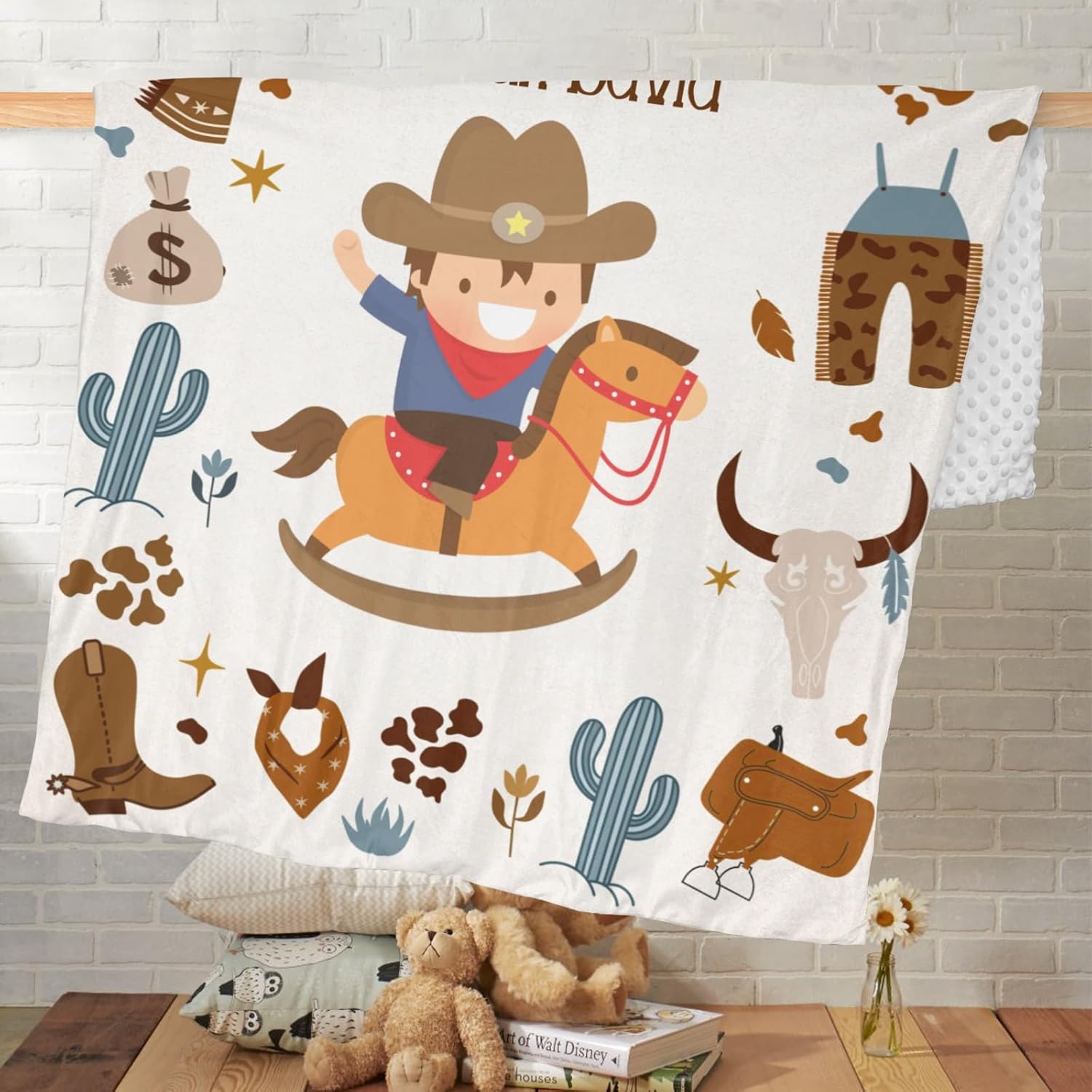 Manta personalizada de minky con lunares y caballitos vaqueros, color marrón occidental, para recién nacido, 35 x 45 pulgadas, para cumpleaños
