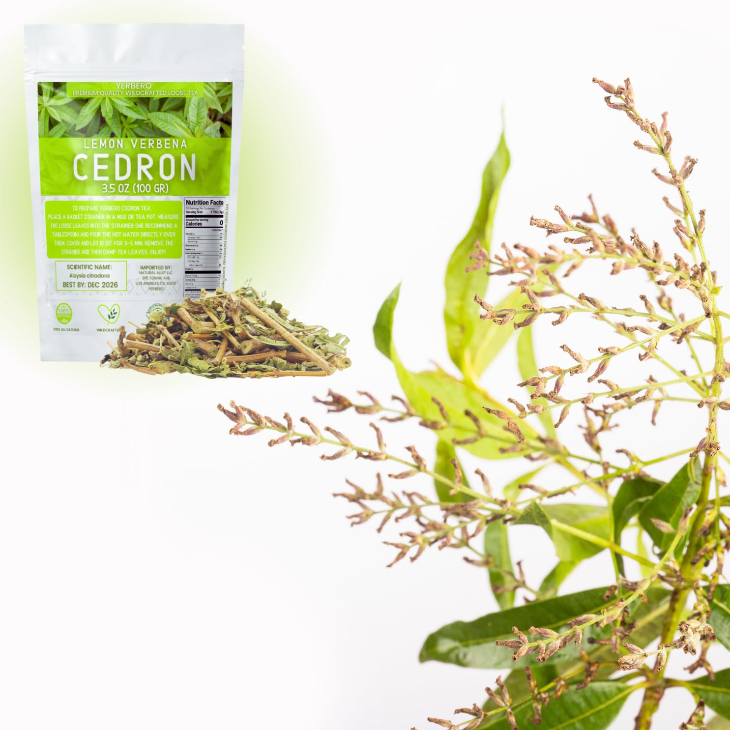 Yerbero – Té de cedro 3.5 oz (100 gr)  Aloysia citrodora  Té suelto de verbena de limón  Bolsa resellable de pie hecha a mano por Nature100% té