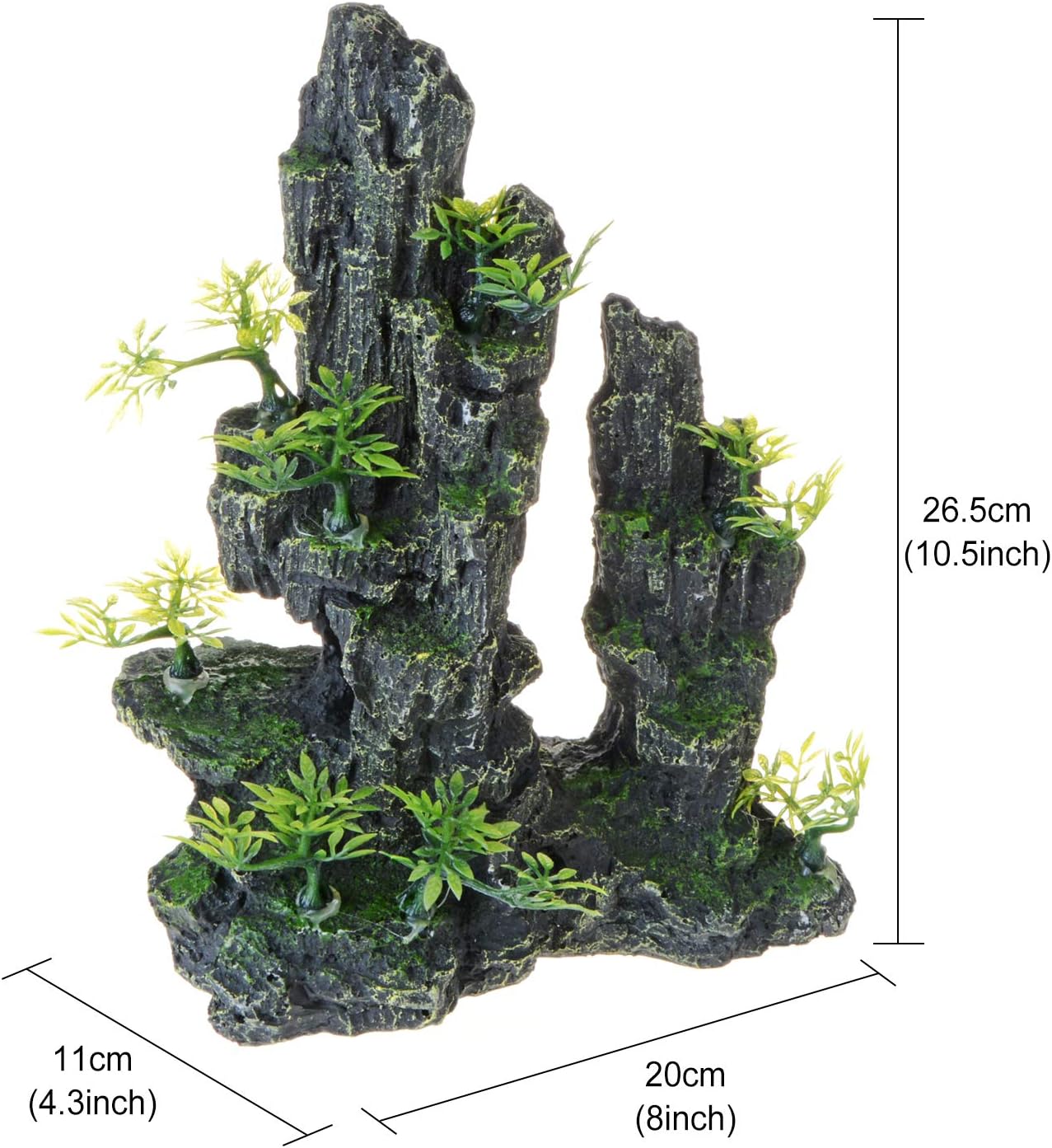 Saim Adornos de piedra para acuario, vista de montaña, árbol, cueva, cueva, pecera, con 3 peces pequeños de plástico (estilo 4)