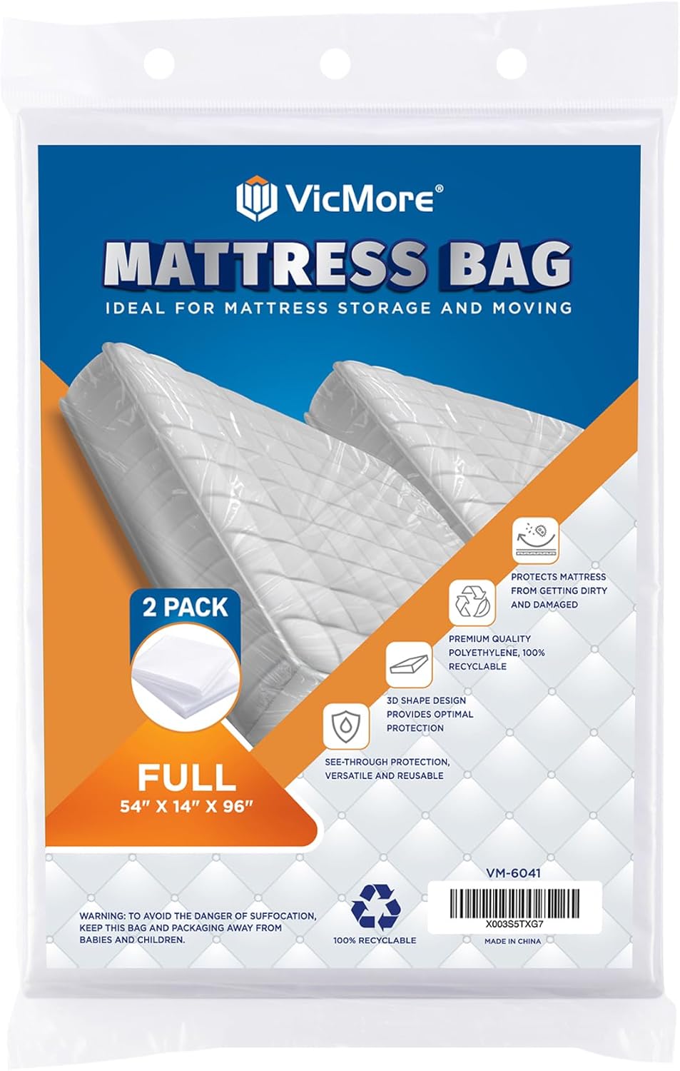 Paquete de 2 bolsas de colchón de tamaño matrimonial, fundas de colchón de plástico de 54 x 96 pulgadas para mudanza, almacenamiento y eliminación,