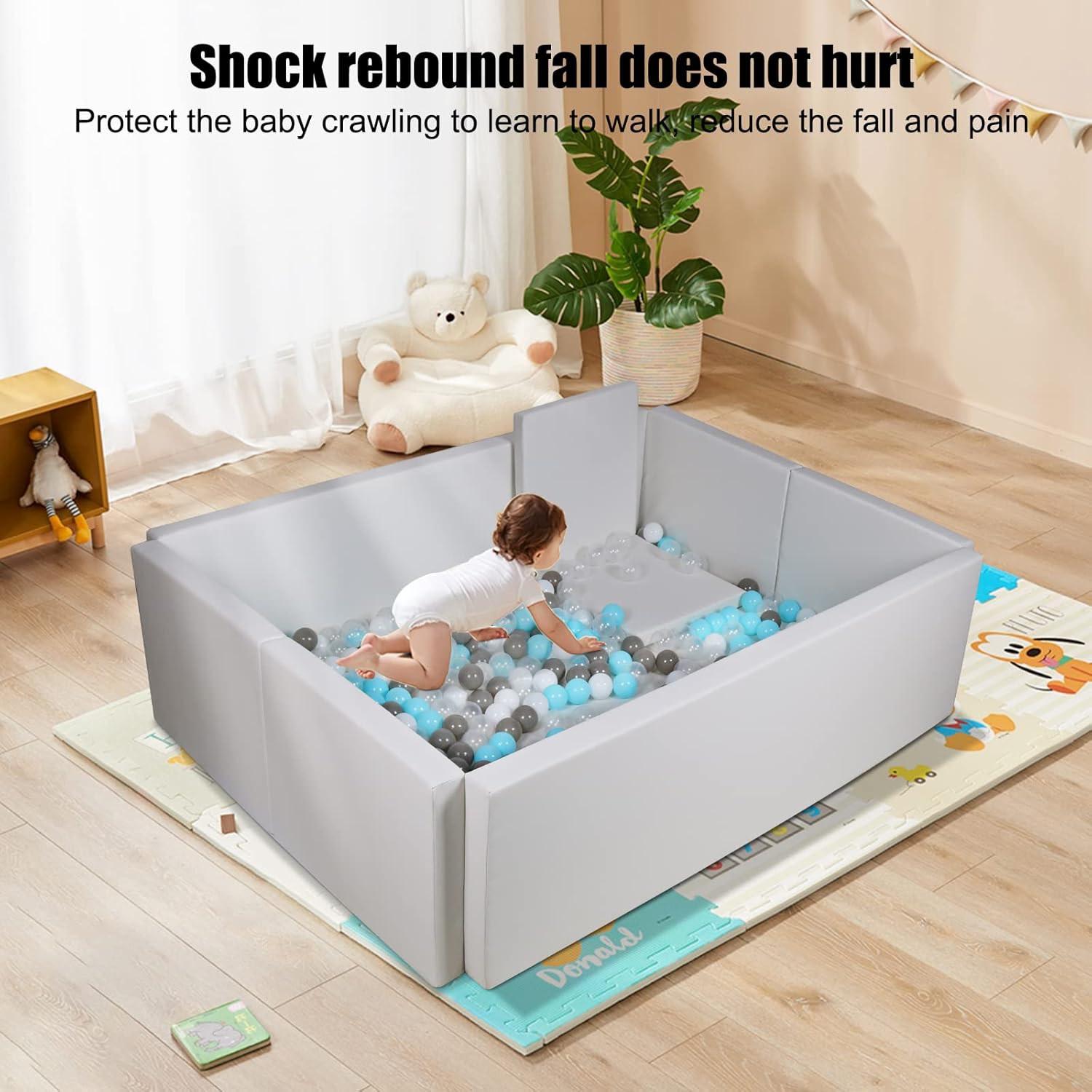 TRENDBOX Piscina de bolas de espuma suave súper grande plegable de esponja para gatear, parque infantil, rosa y gris (2-gris)