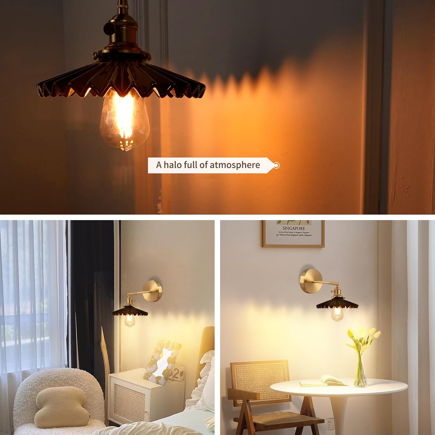 Apliques de pared vintage modernos de 1 luz con pantalla de cerámica plisada negra de 180 grados de latón ajustable con interruptor para puerta de