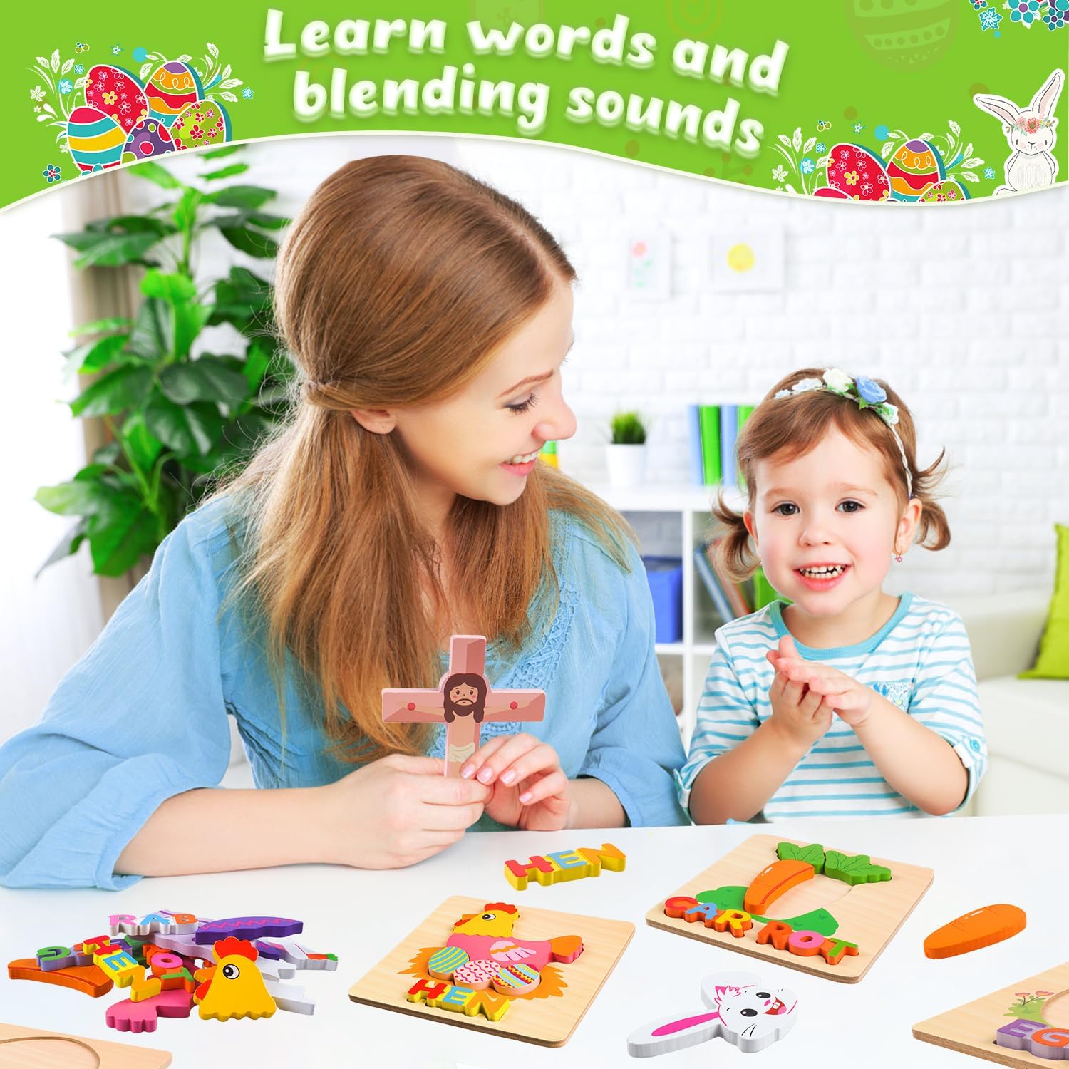 Relleno de cesta de Pascua para niños pequeños de 1, 2, 3 años, rompecabezas de madera para niños pequeños de 1 a 3 años, juguetes Montessori, 5