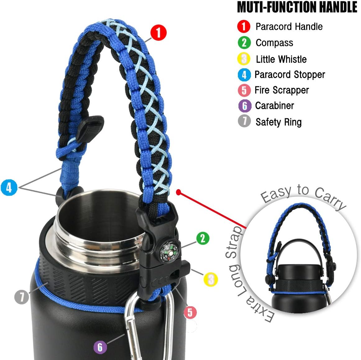Asa de cuerda de paracaídas para botella Hydro Flask 2.0 de boca ancha estándar con anillo y mosquetón (12, 16, 18, 20, 32, 40 y 64 onzas)