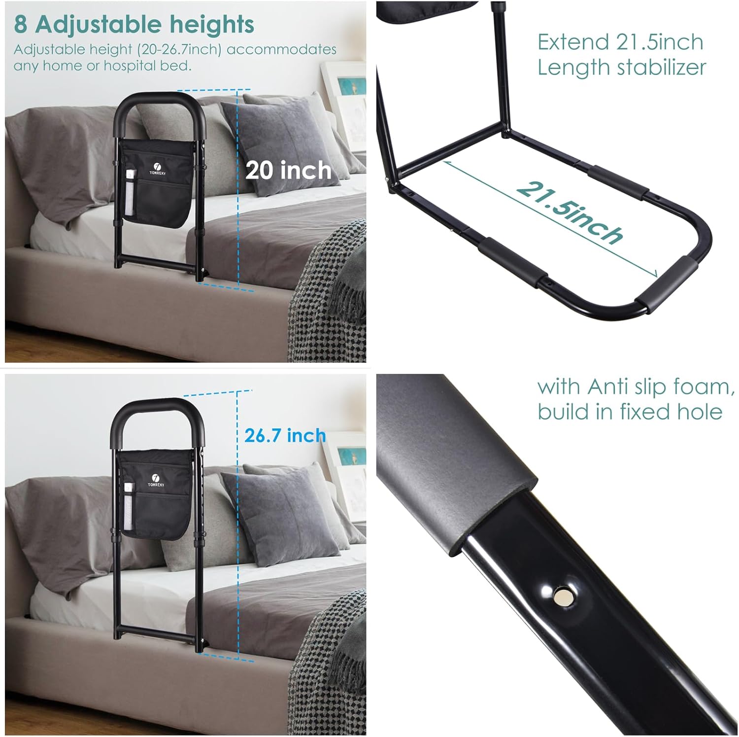 Rieles de cama para adultos mayores ayudan a la seguridad para personas mayores, agarre de barra de mano con bolsillo de almacenamiento,
