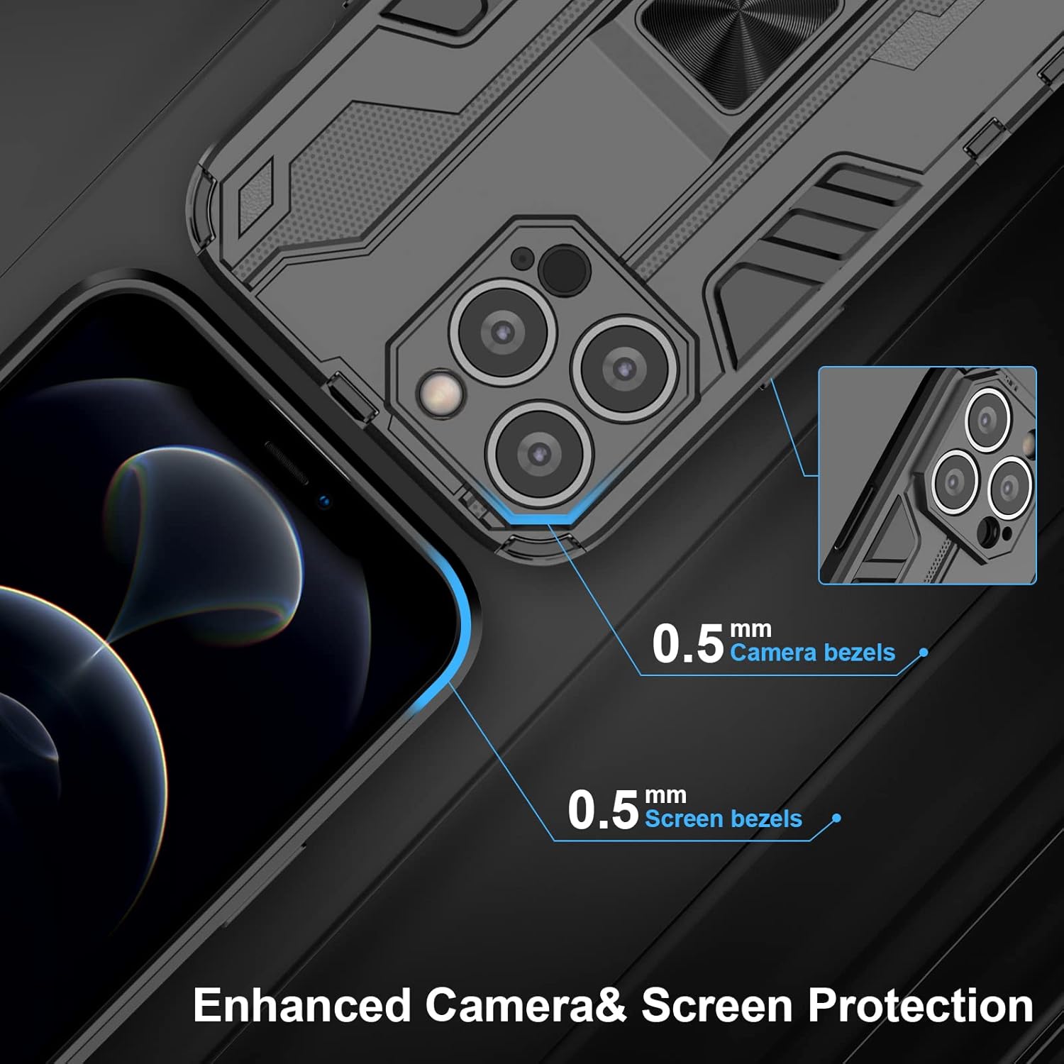 Funda compatible con iPhone 12 Pro, con protector de pantalla de vidrio templado, resistente a los golpes, funda de armadura resistente con soporte