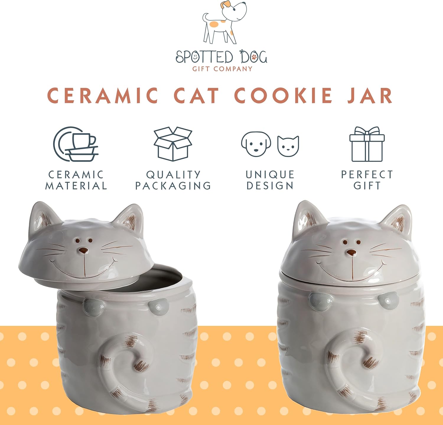 SPOTTED DOG GIFT COMPANY Tarro de galletas para gatos con tapa, recipiente de cocina de cerámica para encimera, lindo recipiente de almacenamiento