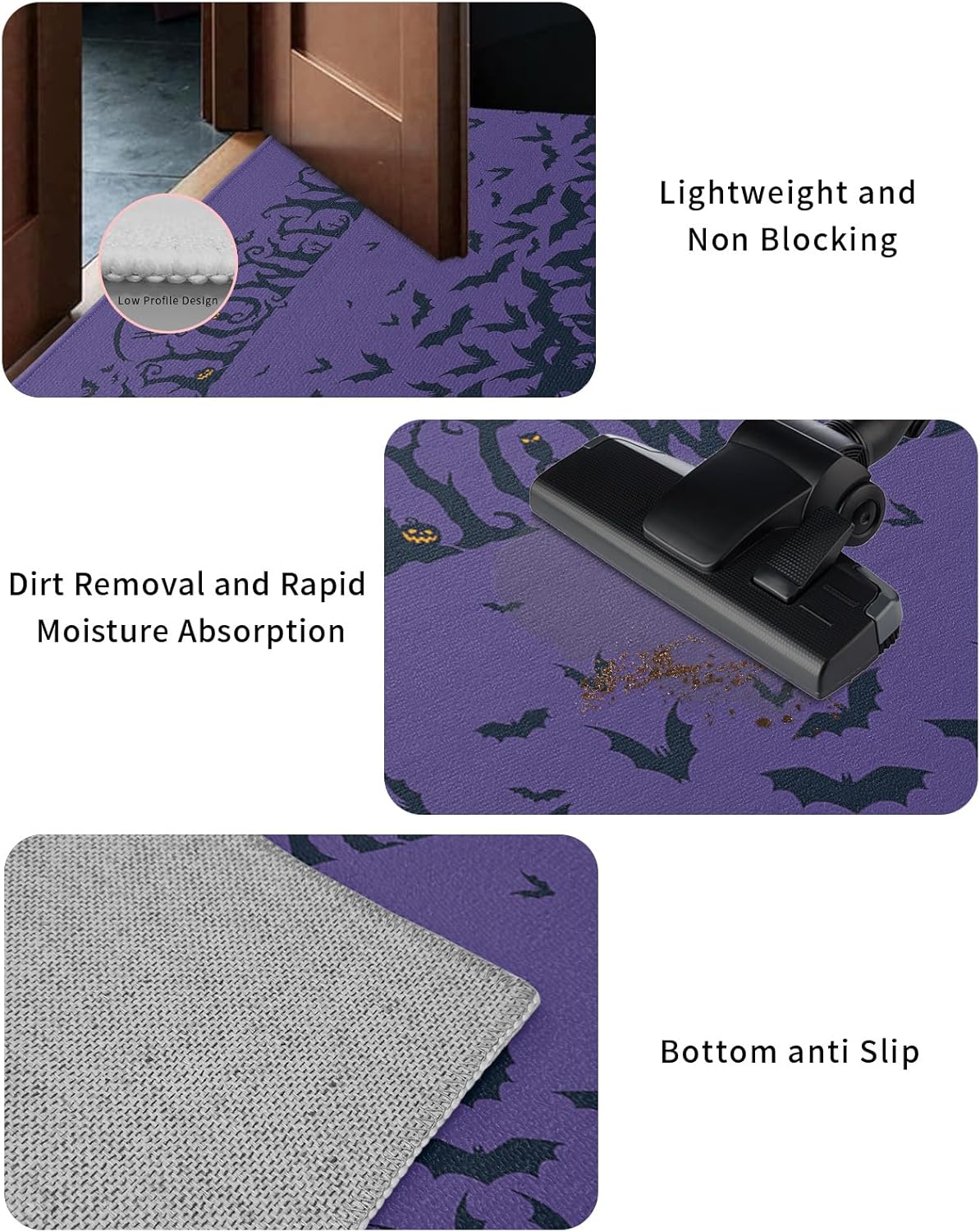 Tapete para puerta delantera, antideslizante, absorbente, para entrada, para interiores y exteriores, tapete pequeño, color morado, para Halloween,