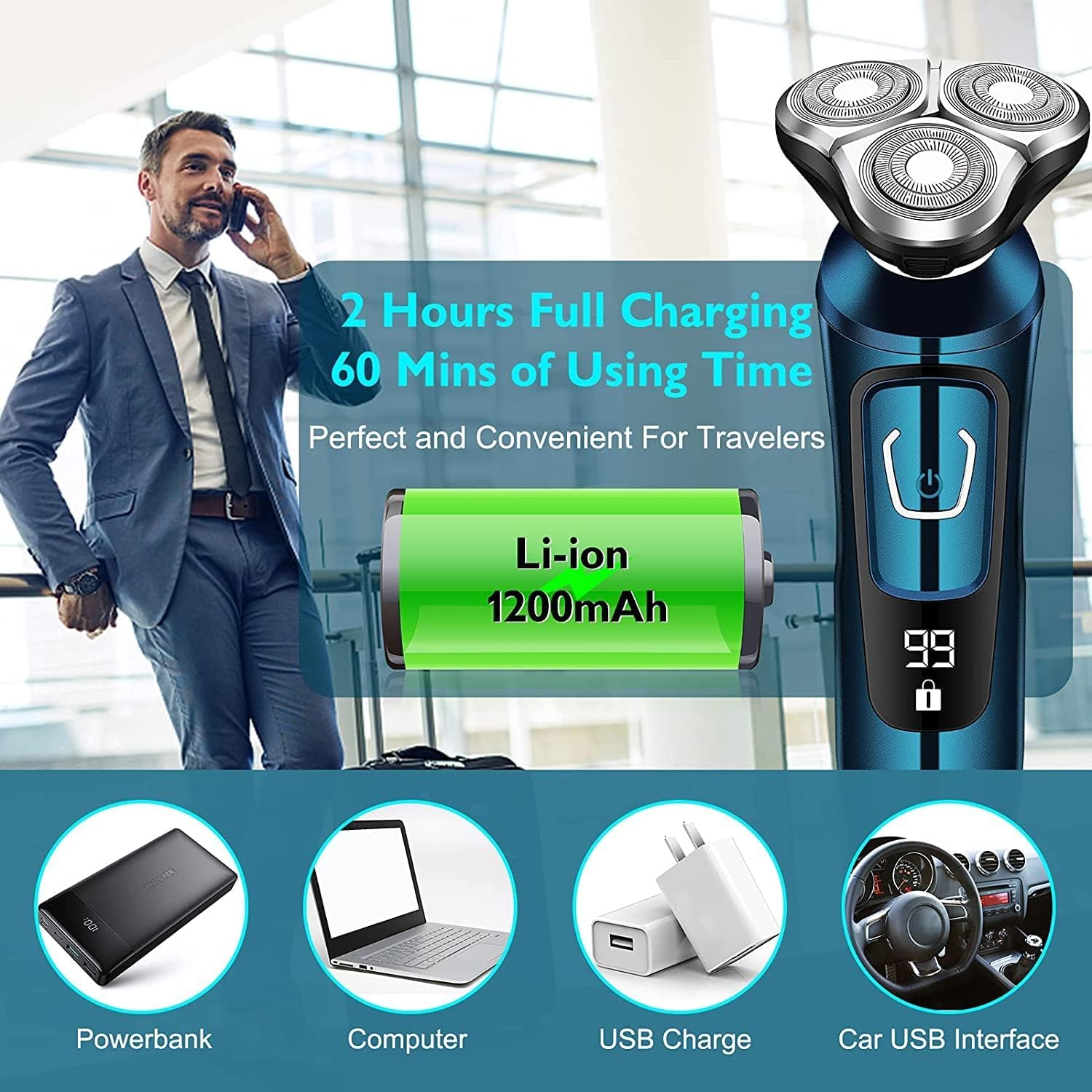 Viatia Maquinilla de afeitar eléctrica para hombres, afeitadora eléctrica inalámbrica recargable 3D rotativa para hombres, afeitadora húmeda y seca,