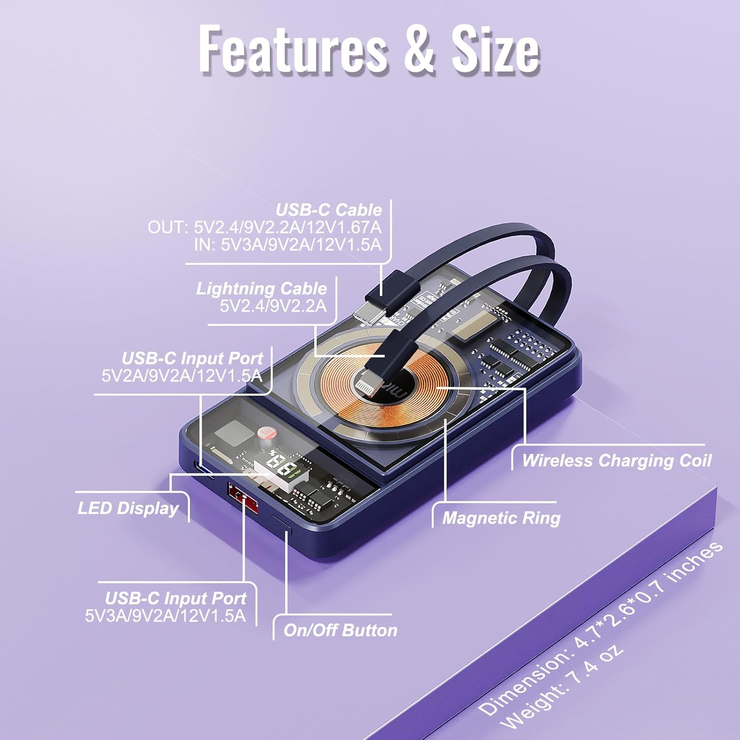 Miady Batería magnética de 10000 mAh, PD 20 W USB-C de carga rápida Power Bankw cables incorporados, cargador portátil inalámbrico para iPhone