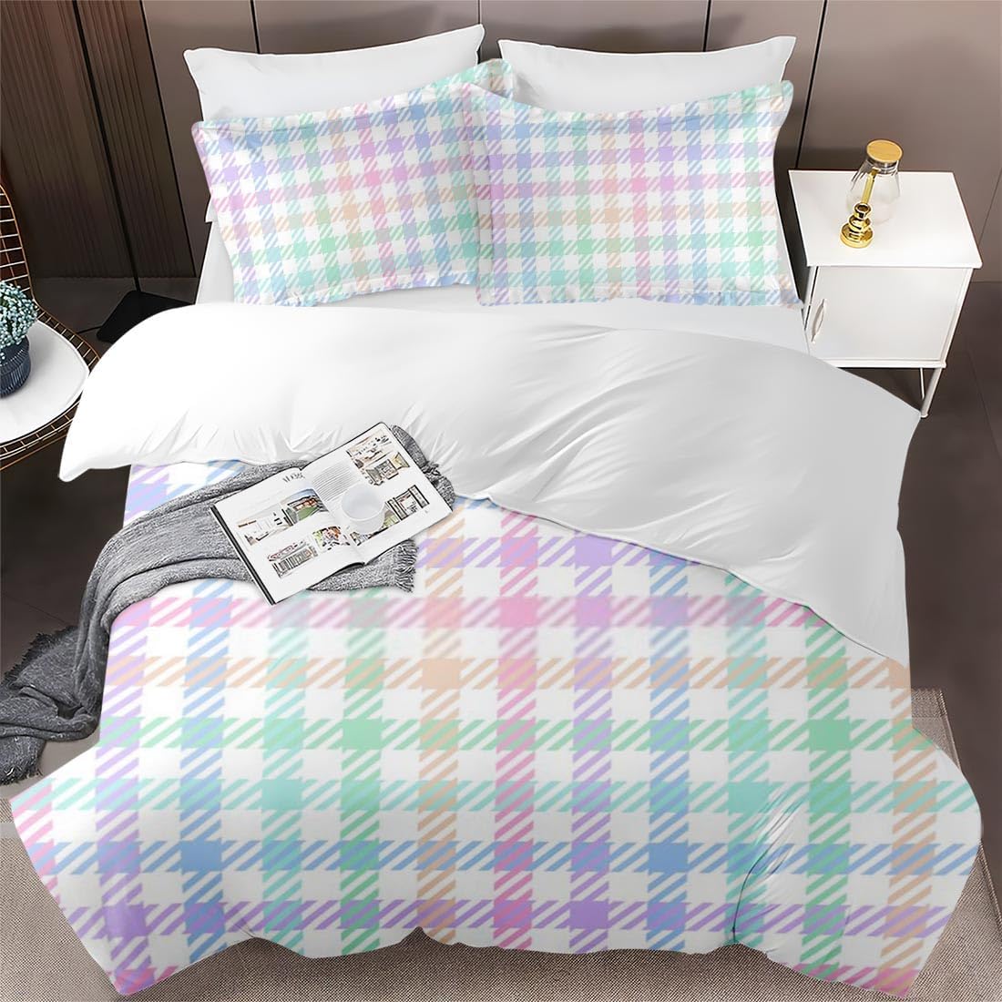 Juego de funda de edredón, juego de ropa de cama a cuadros de arcoíris dulce a cuadros para niños y adultos, decoración de dormitorio colorido de