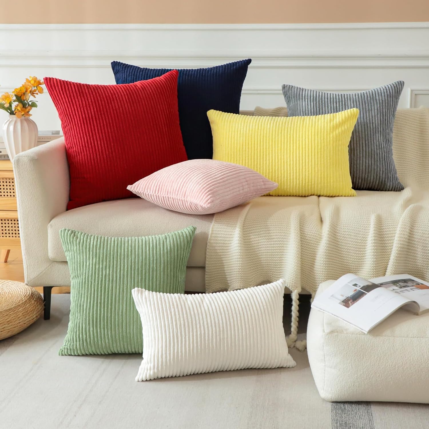 OTOSTAR Paquete de 2 fundas de almohada de pana suave de 18 x 18 pulgadas, decorativas, cuadradas, sólidas, a rayas, para sofá, casa rural,