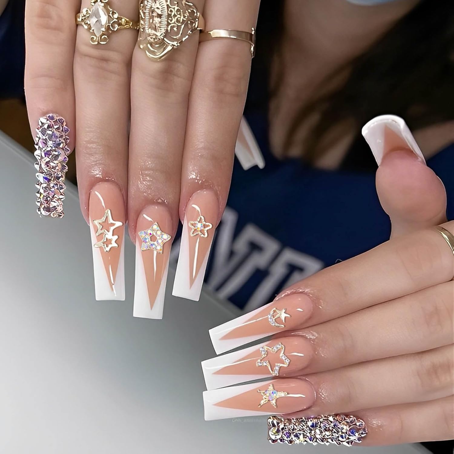 Shemboli – 24 dijes de uñas de estrella para uñas acrílicas, estrellas doradas 3D, diamantes de imitación de uñas, gemas de uñas, pentagrama, lindos