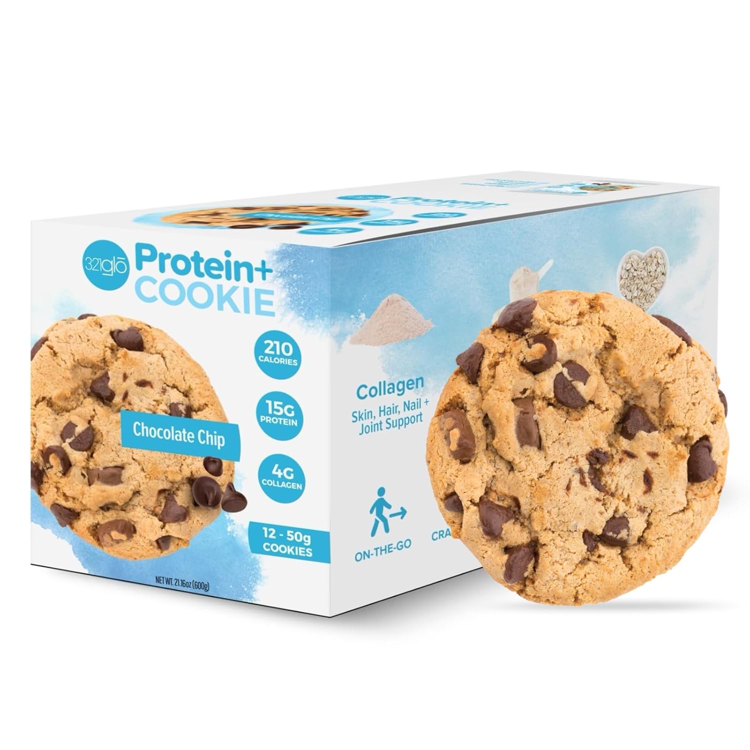 321glo Protein+ Cookies  Galletas horneadas suaves con colágeno de alto contenido en proteínas, 0.55 oz de proteína, aperitivo para hombres, mujeres