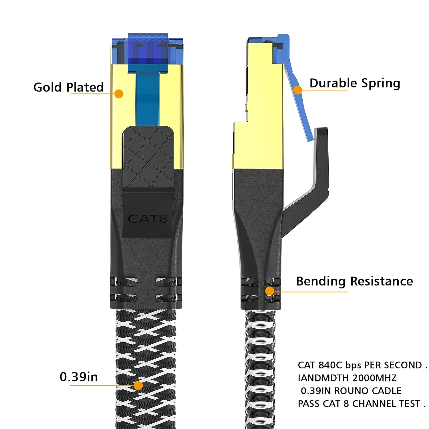 Cable Ethernet Cat 8 de 10 pies, cable de red LAN Cat8 de alta velocidad tejido de nailon para exteriores e interiores, cable Ethernet SFTP RJ45
