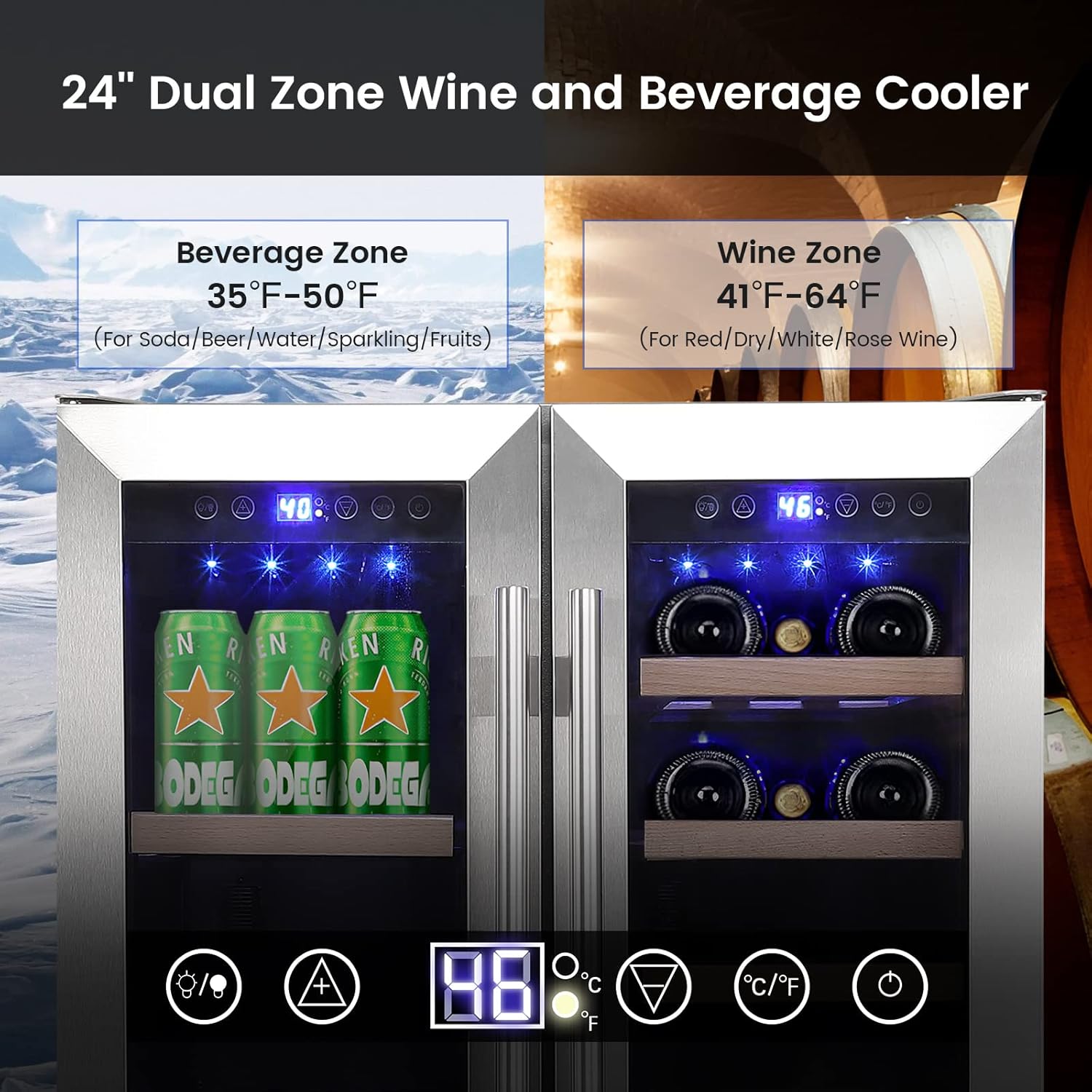 Refrigerador de vino y bebidas de 24 pulgadas, enfriador de vino de doble zona con capacidad para 40 botellas, 120 litros integrado e independiente,